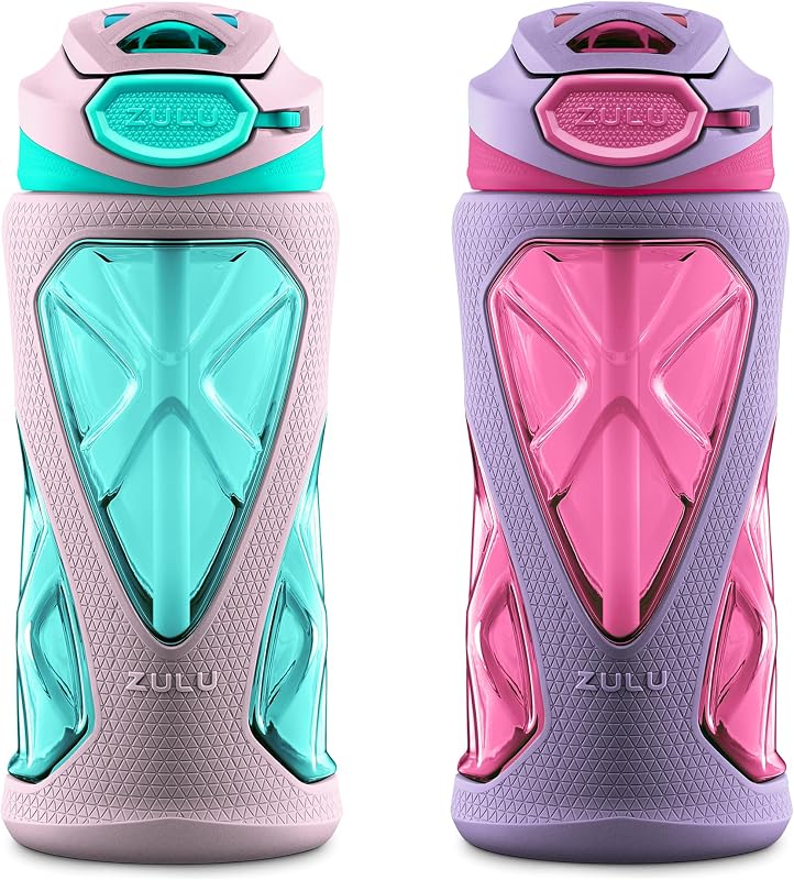 ZULU Torque 2 Pack 16oz Plastic Kids Water Bottle with Silicone Sleeve and Leak-Proof Locking Flip Lid, Soft Touch Carry Loop for School Backpack, Lunchbox, BPA-Free Dishwasher Safe, Pink