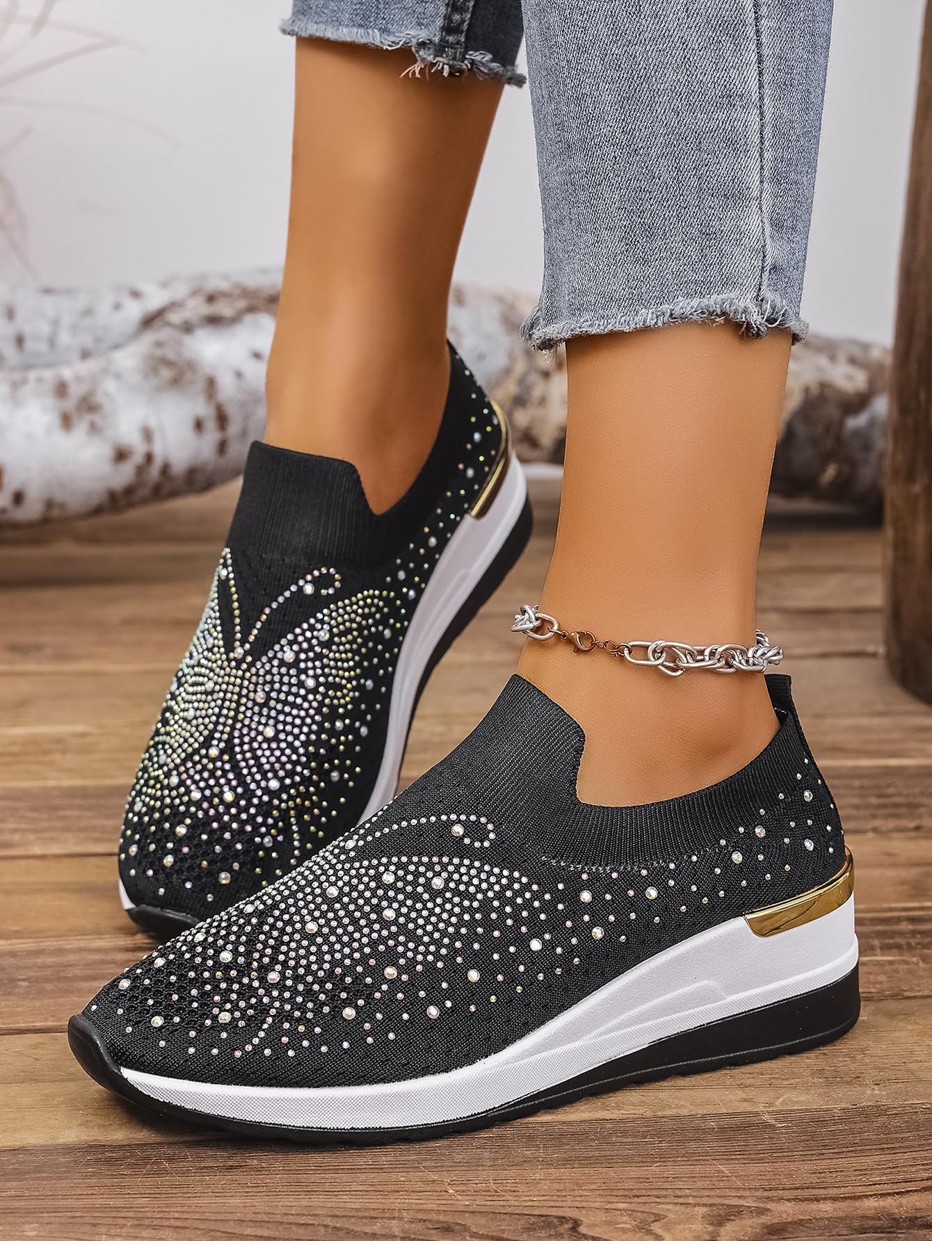 Scarpe da ginnastica da donna con zeppa e strass
