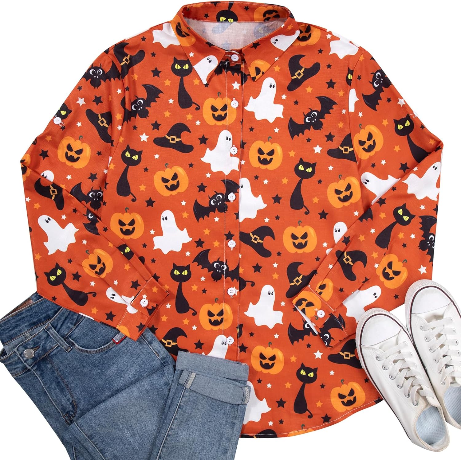 FLOYU Halloween Shirt for Women Hocus Pocus Long Sleeve Blouse Halloween Pumpkin Tee Hawaiian Button Down V Neck Tops - Image 5