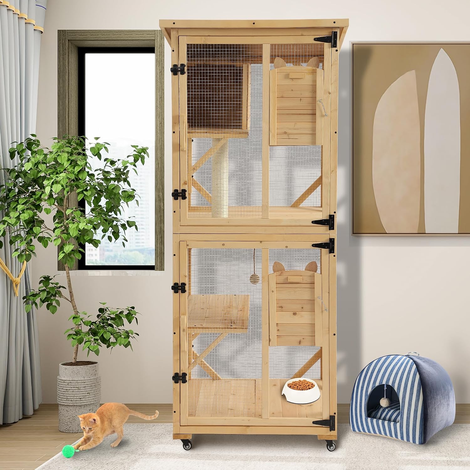 Cat Catio Outdoor Cat Enclosure, 4 Tiers Window Large Cat House on Wheels with Weatherproof Asphalt Roof, Resting Box, Wooden Cat Cage Kitten Patio with Removable Floor (Natural)
