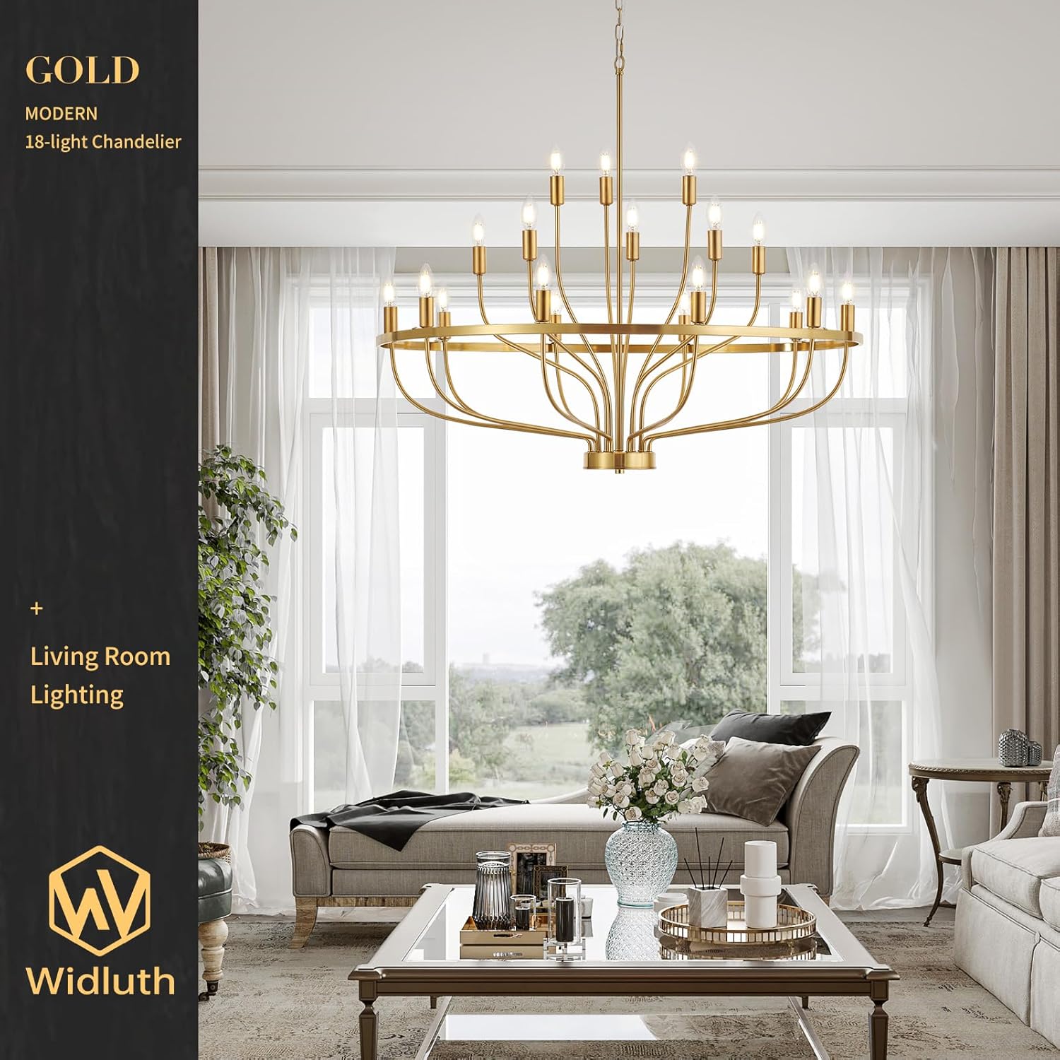 39.4" Modern Gold Chandelier Vintage 18-Lights Mid Century Modern Candle Style Chandeliers Light Fixture Large Rustic Golden Chandelier for Dining Room, Kitchen Island, Living Room, E12