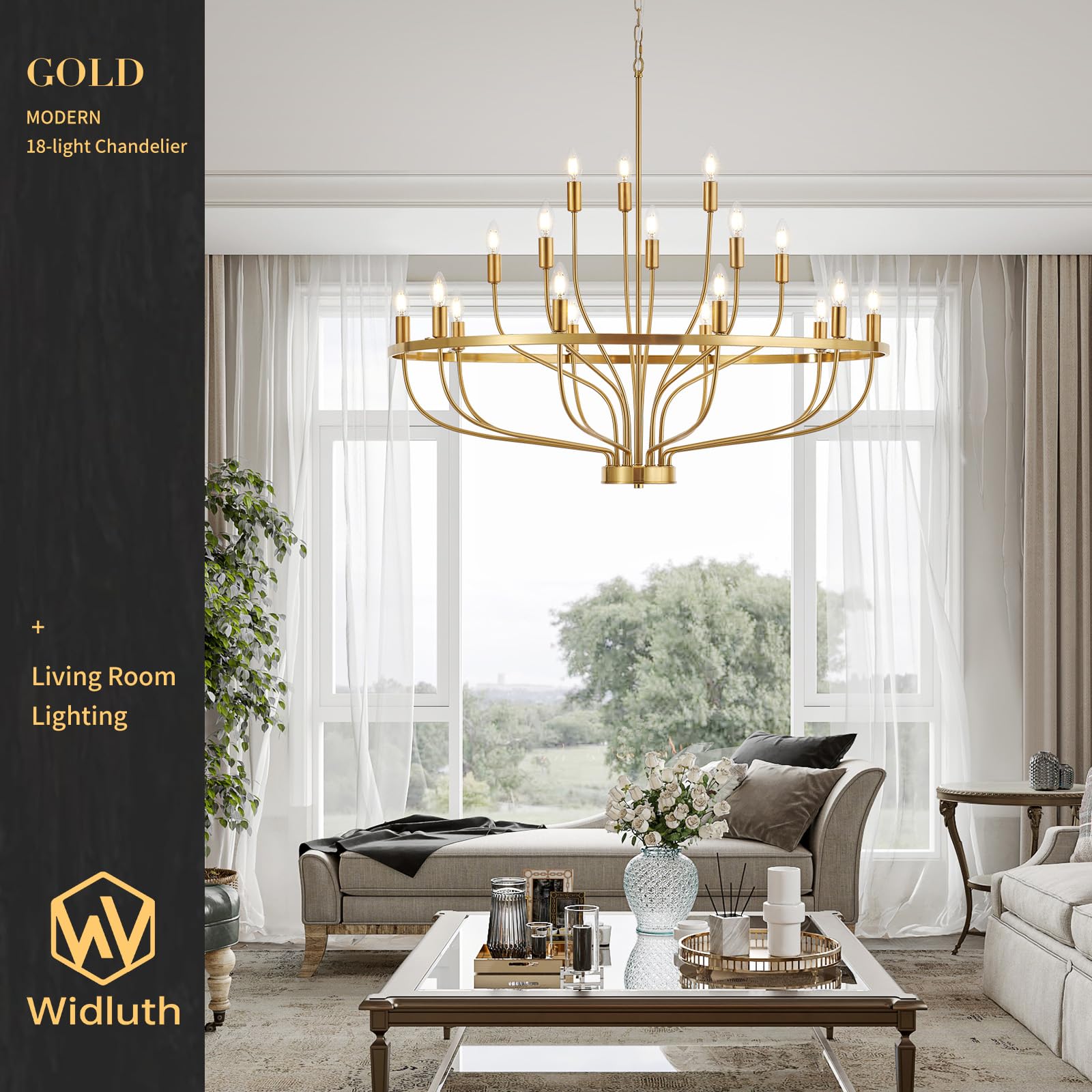 Widluth 39.4' Large Gold Chandelier, 18-Light Modern Candle Light Fixture — product photo