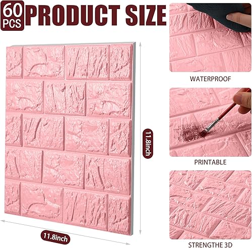 Miniatura 2 de Colarr 60 paneles de pared 3D de 58 pies cuadrados para despegar y pegar, papel tapiz de ladrillo 3D de espuma sintética, paneles adhesivos de
