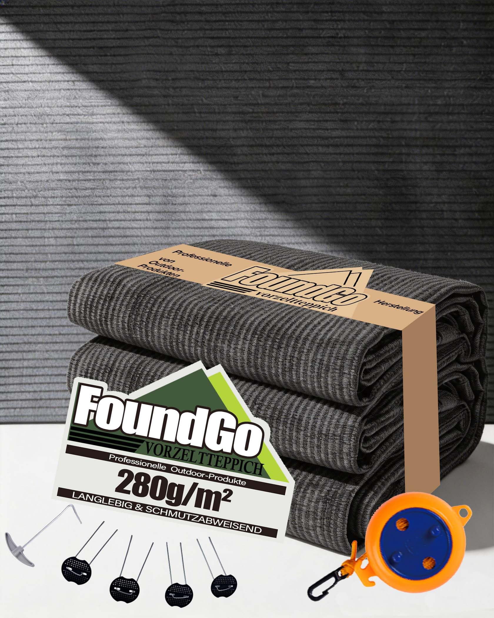 FoundGo Alfombra para toldo con ojales [280 g/m² HDPE] 250 x 500 cm, alfombra de camping al aire libre, transpirable, incluye bolsa de transporte, 8 pinzas y tendedero, color antracita