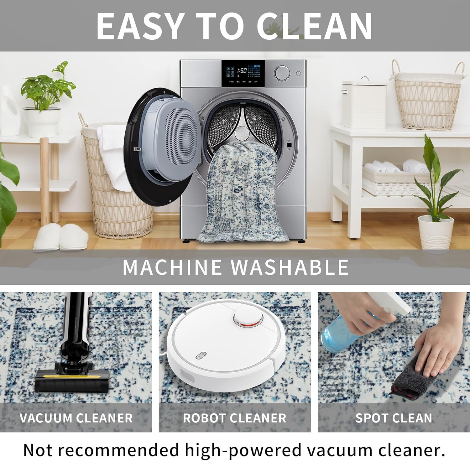 Easy-Going Area Rug 5x7 Washable Boho Rugs for Living Room Non-Slip Bedroom Rug Low Pile Lightweight Floral Print Vintage Throw Rug for Dining Room Kitchen Home Office Carpet, Blue Cream - Image 5