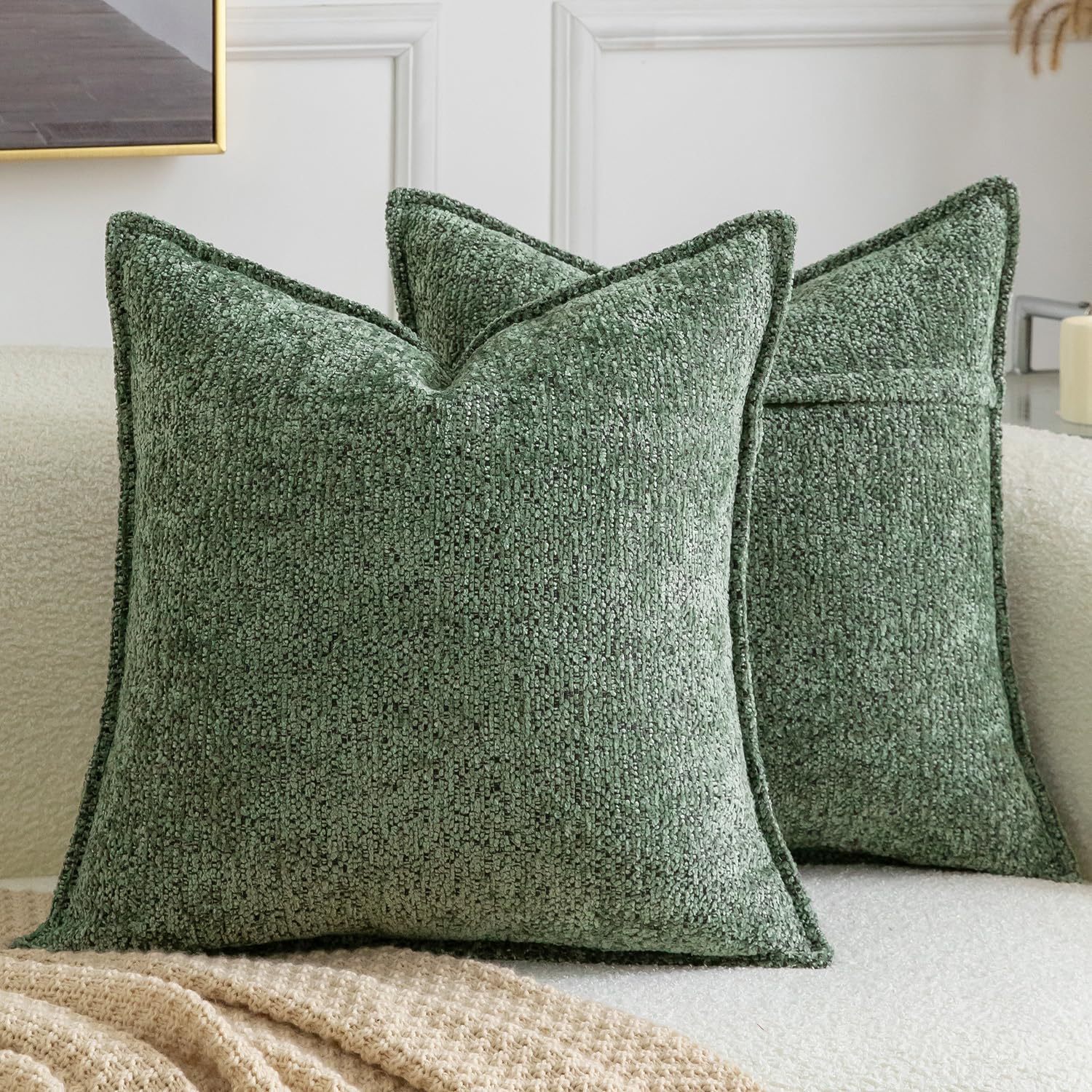 Madizz Pack of 2 Decorative Cushion Covers Boho Soft Textured Chenille Throw Pillows Solid Euro Sham Pillow Covers for Couch Sofa Bedroom Living Room 60x60 CM, Green