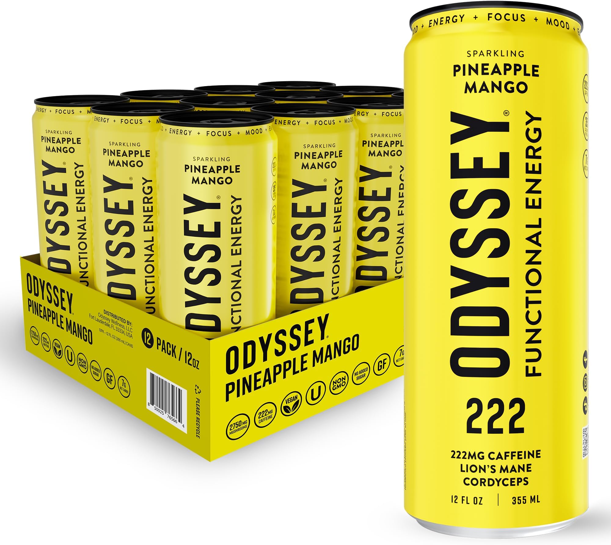 Odyssey 222 - Sparkling Energy Drink - 222 mg of Caffeine - Lion's Mane & Cordyceps - Energy & Focus - Endurance & Stamina - Nootropic - Pre Workout - Pineapple Mango