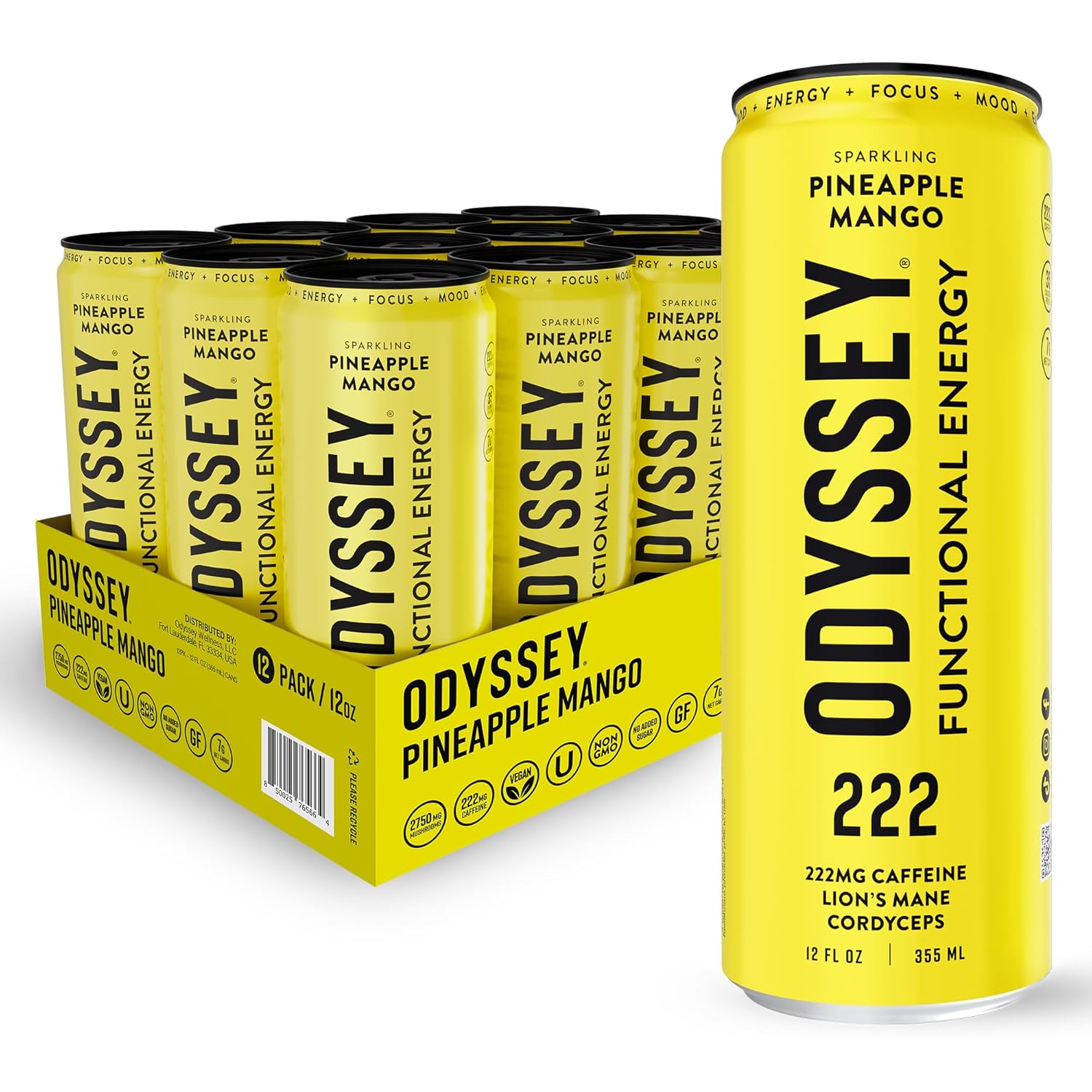 Odyssey Elixir - Odyssey 222 - Sparkling Energy Drink - 222 mg of Caffeine - Lion's Mane & Cordyceps - Energy & Focus - Endurance & Stamina - Nootropic - Pre Workout - Pineapple Mango