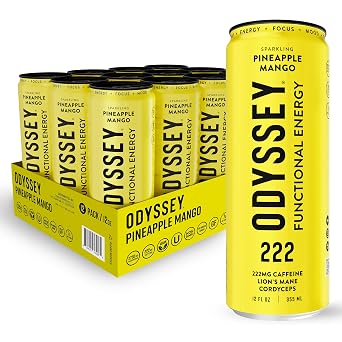 Odyssey Functional Energy Drink, Pineapple Mango, 222mg Green Tea Caffeine, Clean Energy & Focus, Low Calorie, No Added Sugar, No Crash, Lions Mane & Cordyceps, 12 Pack 12 Fl Oz