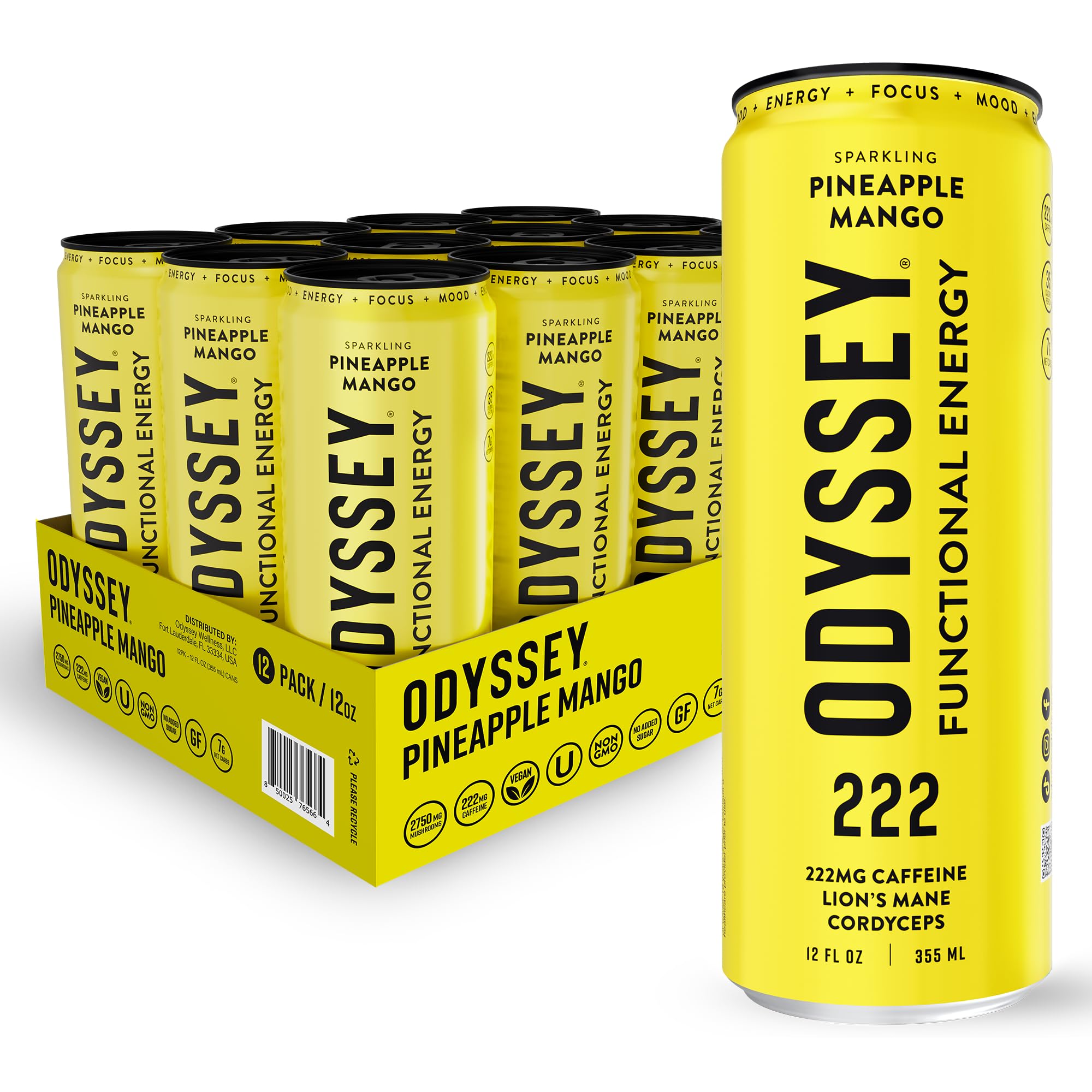 Odyssey Elixir - Odyssey 222 - Sparkling Energy Drink - 222 mg of Caffeine - Lion's Mane & Cordyceps - Energy & Focus - Endurance & Stamina - Nootropic - Pre Workout - Pineapple Mango