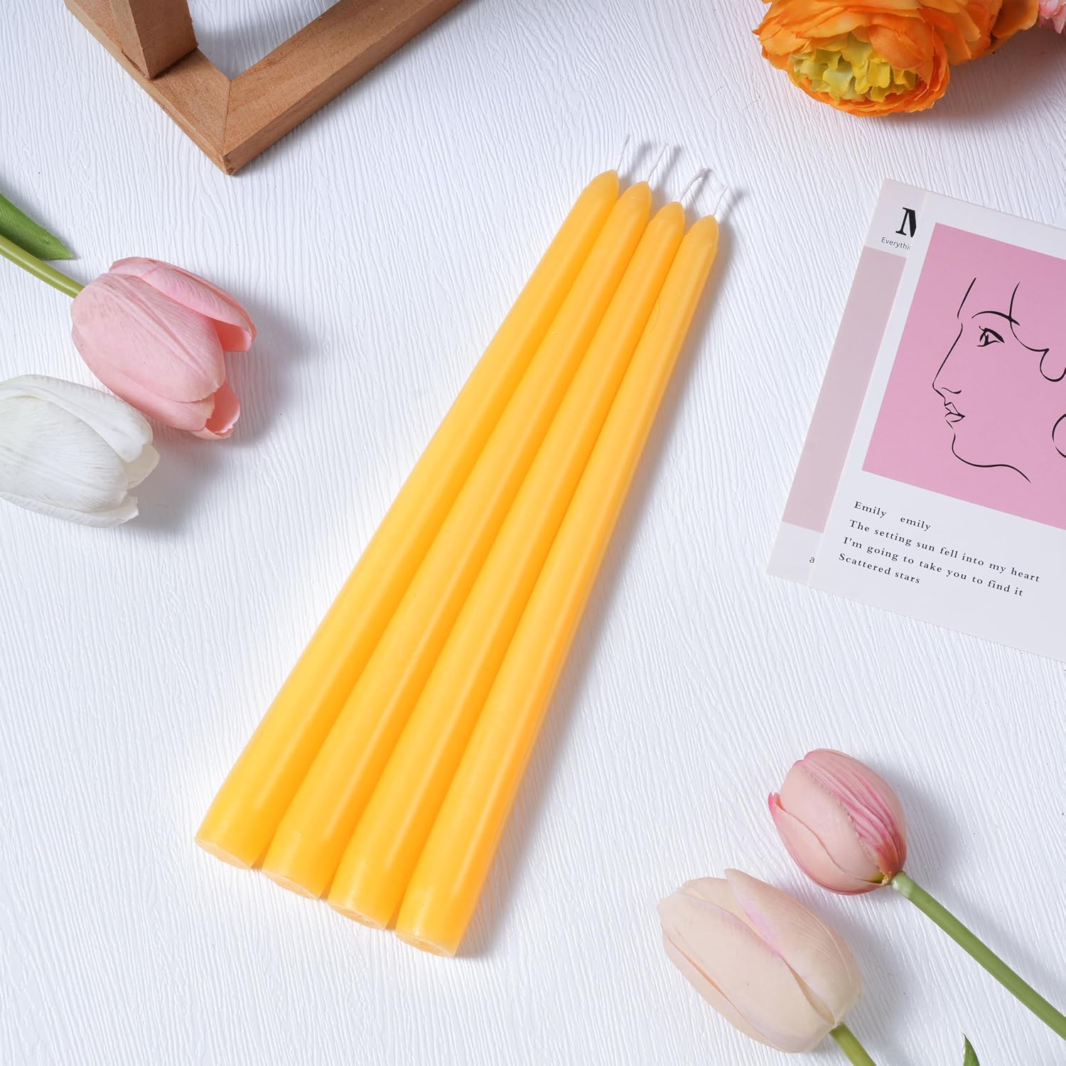 Everymoment Amber Yellow Taper Candles - 24 Pack 10 Inch Unscented Dripless & Smokeless Candlesticks - 8 Hours Tall Candle Sticks - Perfect for Wedding Dinner Holiday Party Home Decor