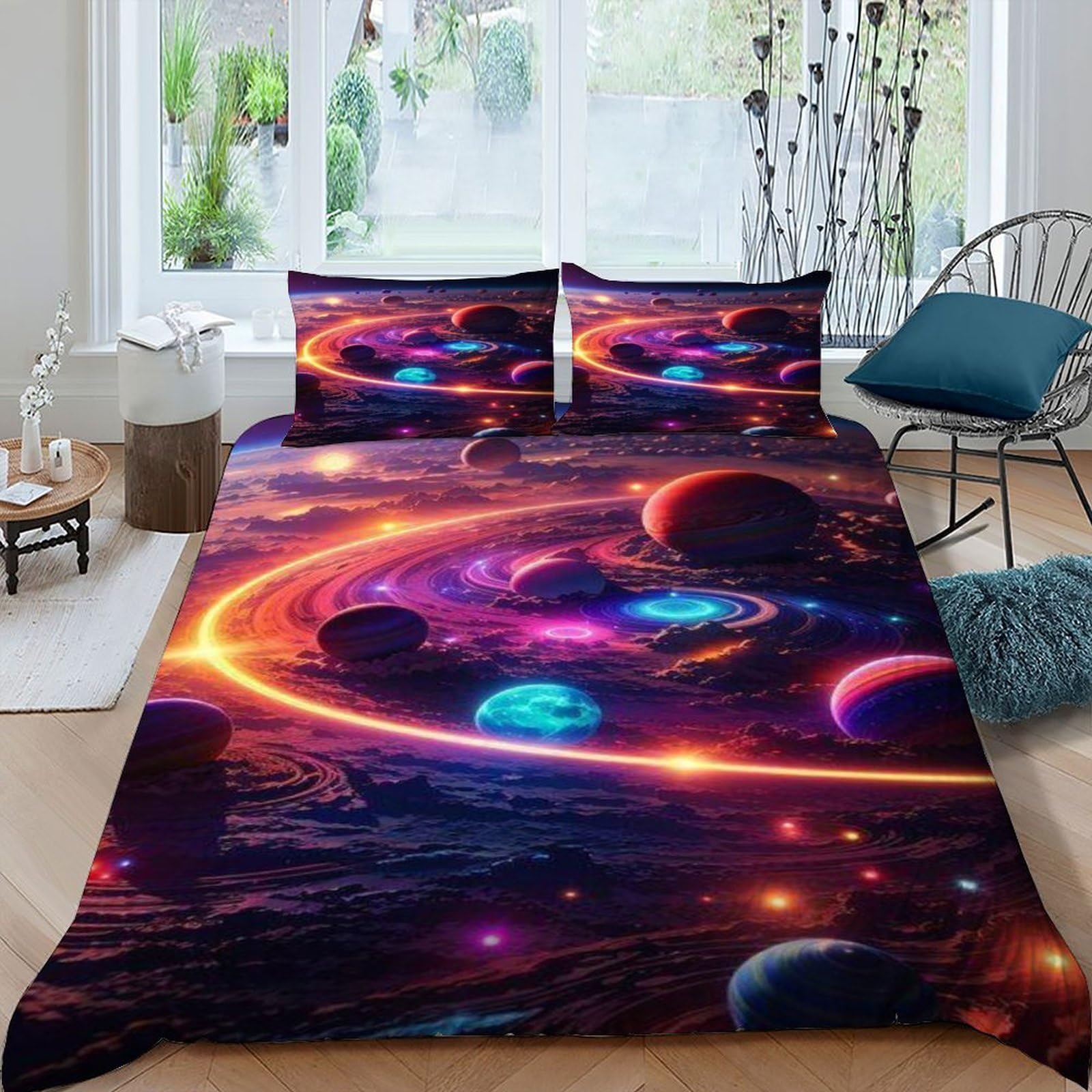 Housse de couette king planets rings imprimée lit 220x240cm