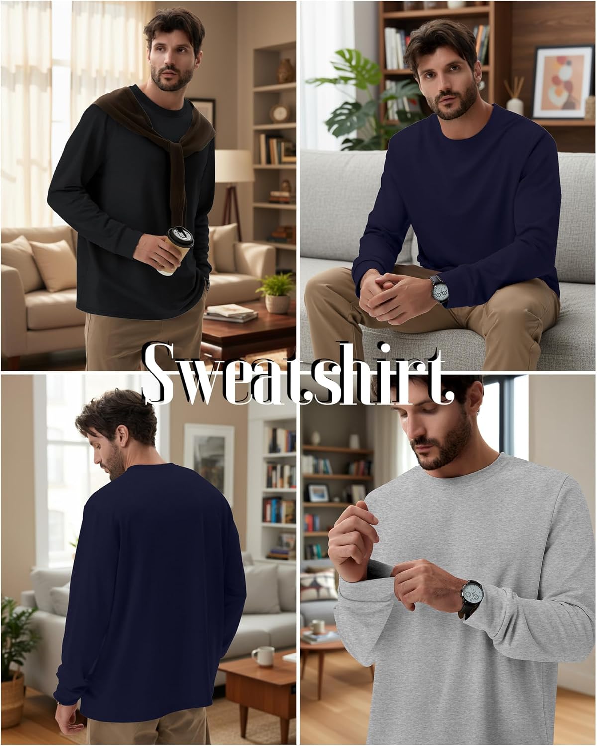 3 Packs Mens Big and Tall Sweatshirts Long Sleeve Crew Neck Pullover Shirts Lightweight Casual Basic Tops