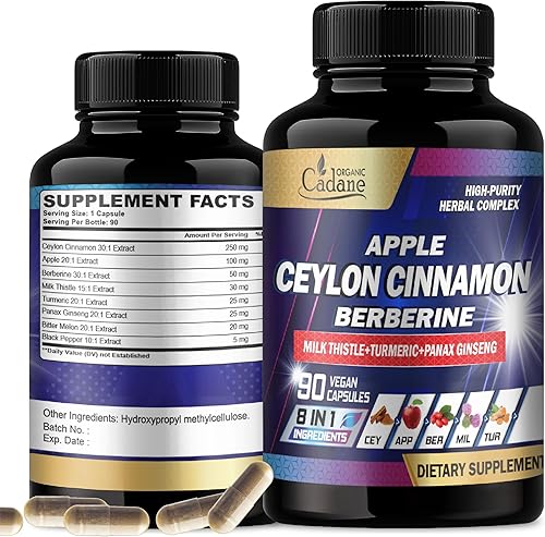 Organic Cadane Canela de Ceilán, 7500 mg de berberina, 1500 mg de manzana, 2000 mg, 90 cápsulas veganas para la salud de las articulaciones, el
