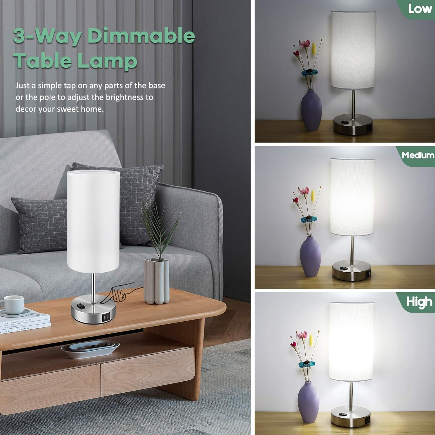 A Brightever table lamp shown in three different brightness settings: Low, Medium, and High, demonstrating the 3-way dimmable feature.