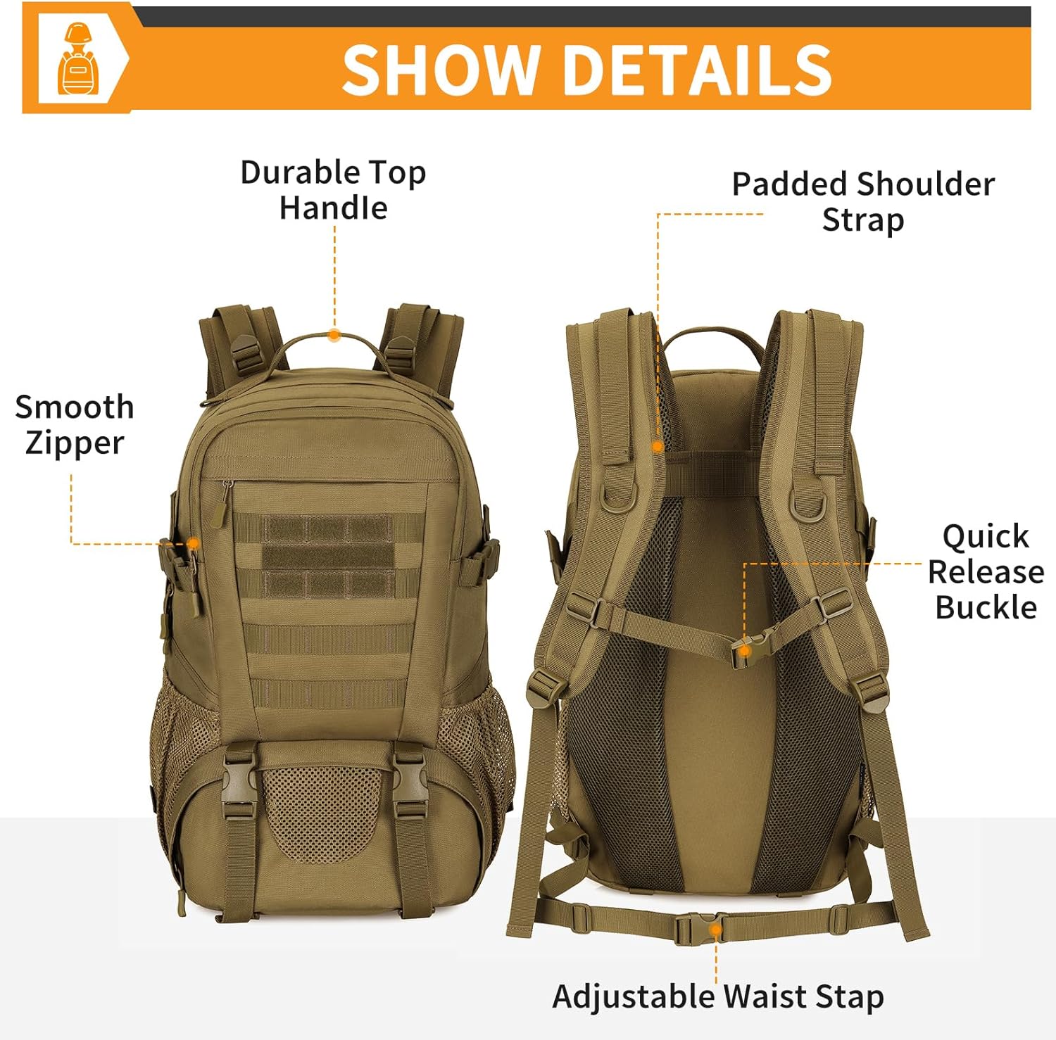 HUNTVP Military Tactical Backpack MOLLE Backpack Rucksack Gear Assault Pack Daypack for Hunting Camping Hiking 30L Brown