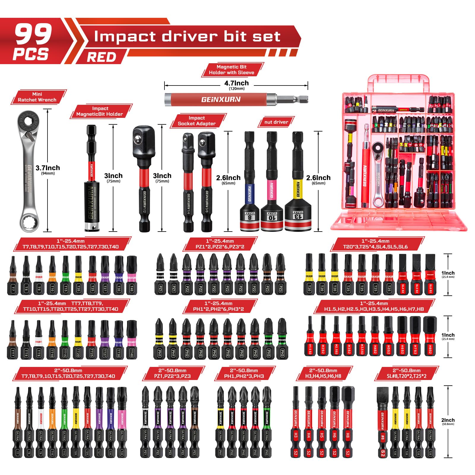 GEINXURN Jeu de 99 embouts de tournevis en acier S2 magnétique Torx/PH/PZ/SL/tête hexagonale, boîte de rangement grise