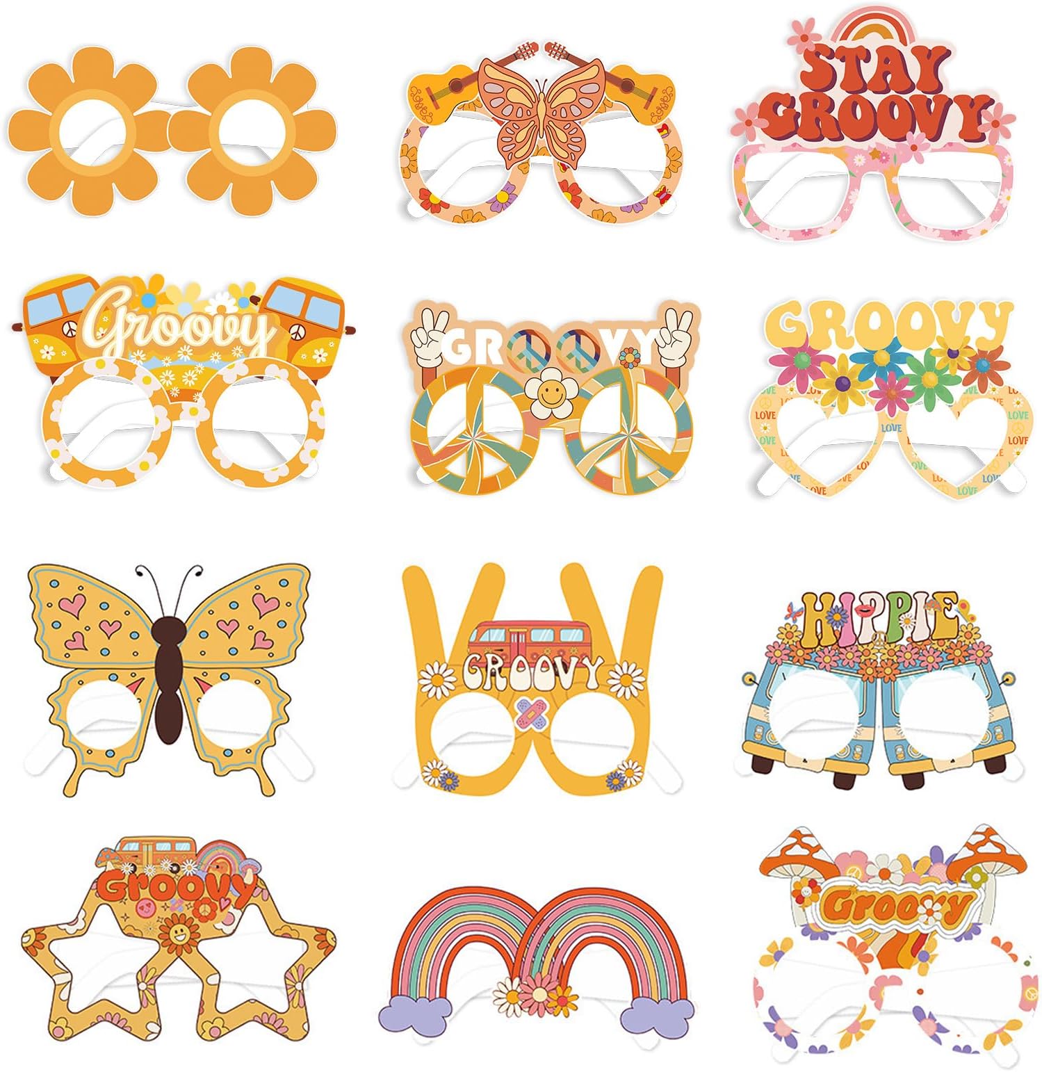 12 Piece Hippie Groovy Party Glasses, Quirky Colours Fun Glasses for Photo Booth Props, Boho Retro Paper Eyeglasses