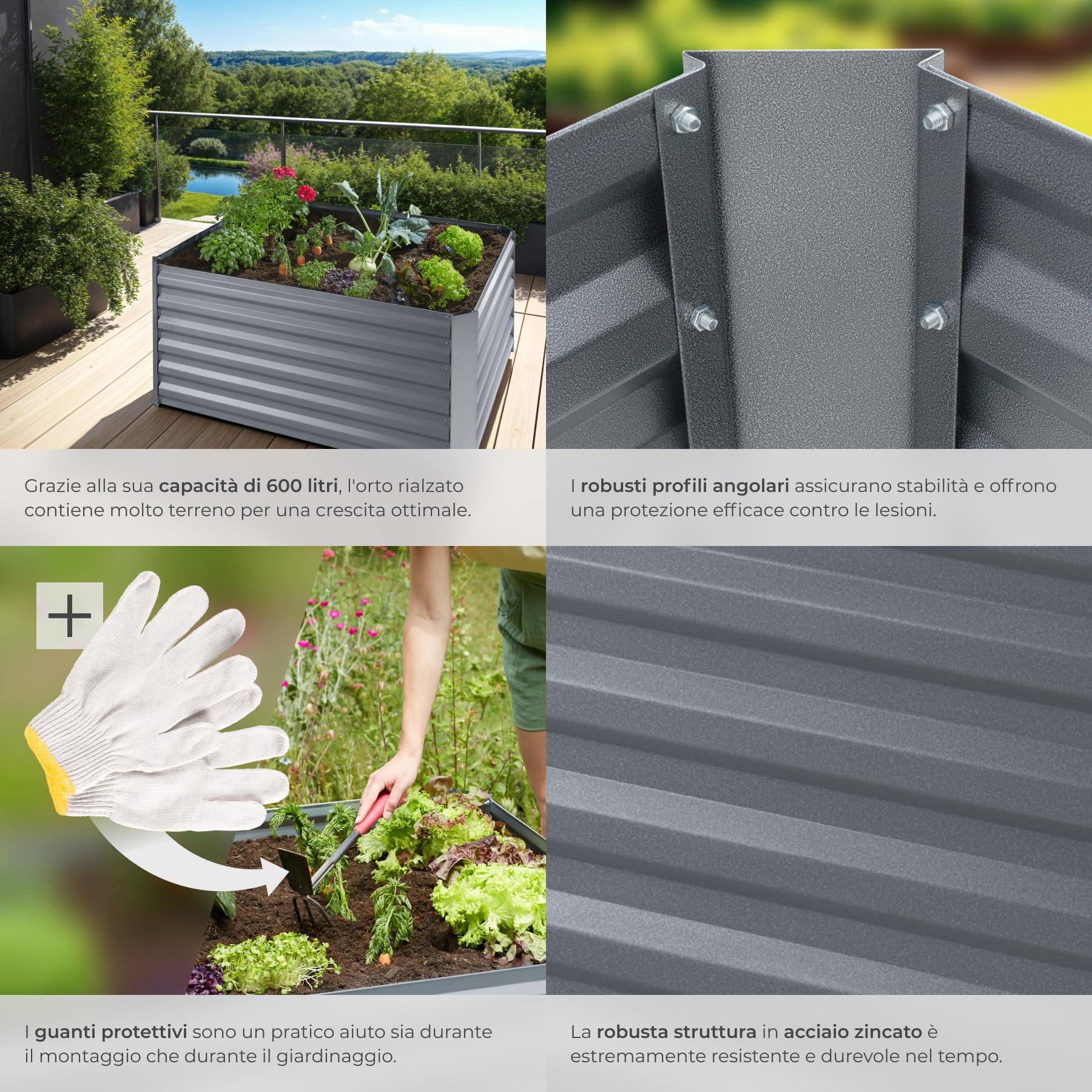tectake® Orto Rialzato, 600l, Zincato,120 x 90 x 57 cm, Struttura in Acciaio Zincato, Base Aperta, Perfetto per Verdure, Erbe Aromatiche e Fiori, Montaggio Rapido, Alta Stabilità, Giardino Rialzato