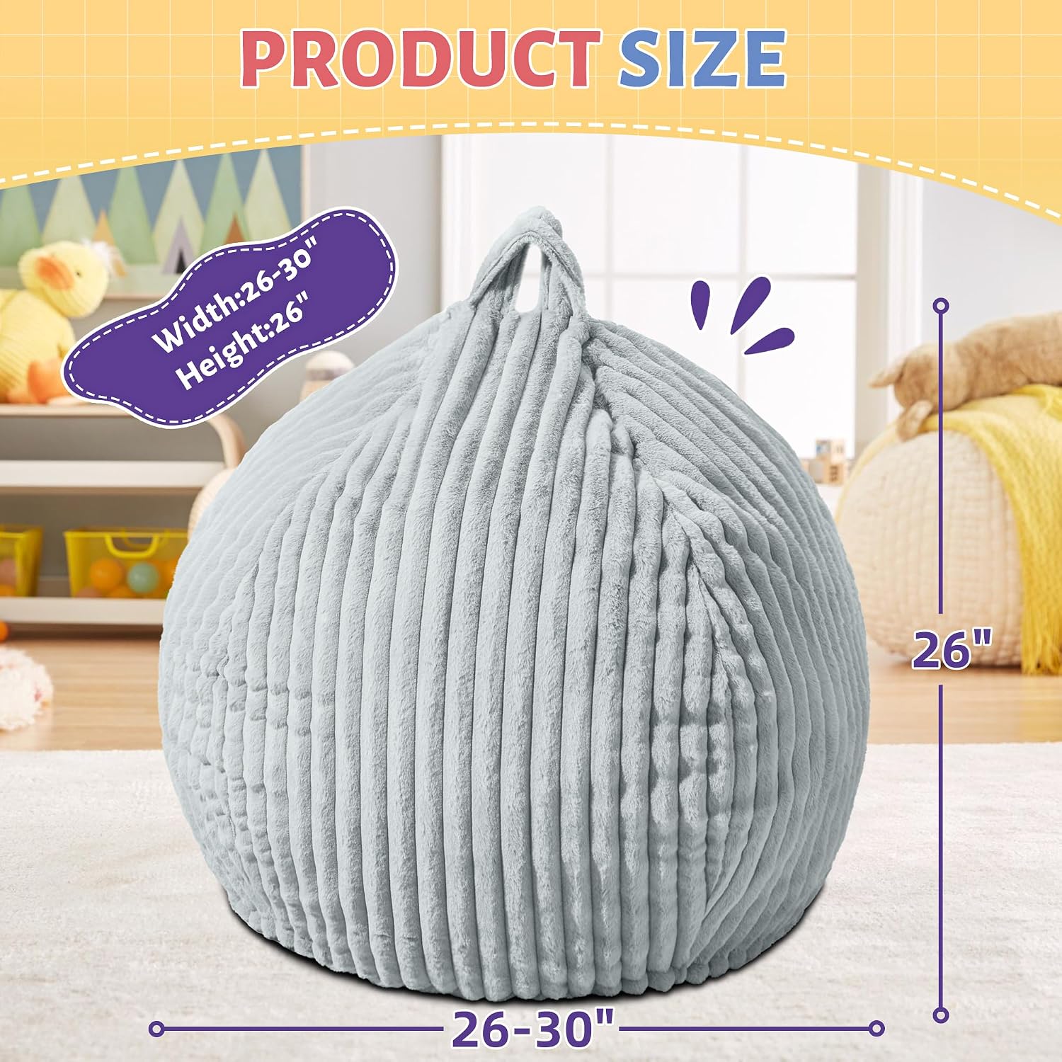 HABUTWAY 2FT Bean Bag Chair, 2' Bean Bag Chairs with Memory Foam Filled, Small Comfy Beanbag Chair with Stripe Plush Cover for Living Room Bedroom Dorm，Light Grey
