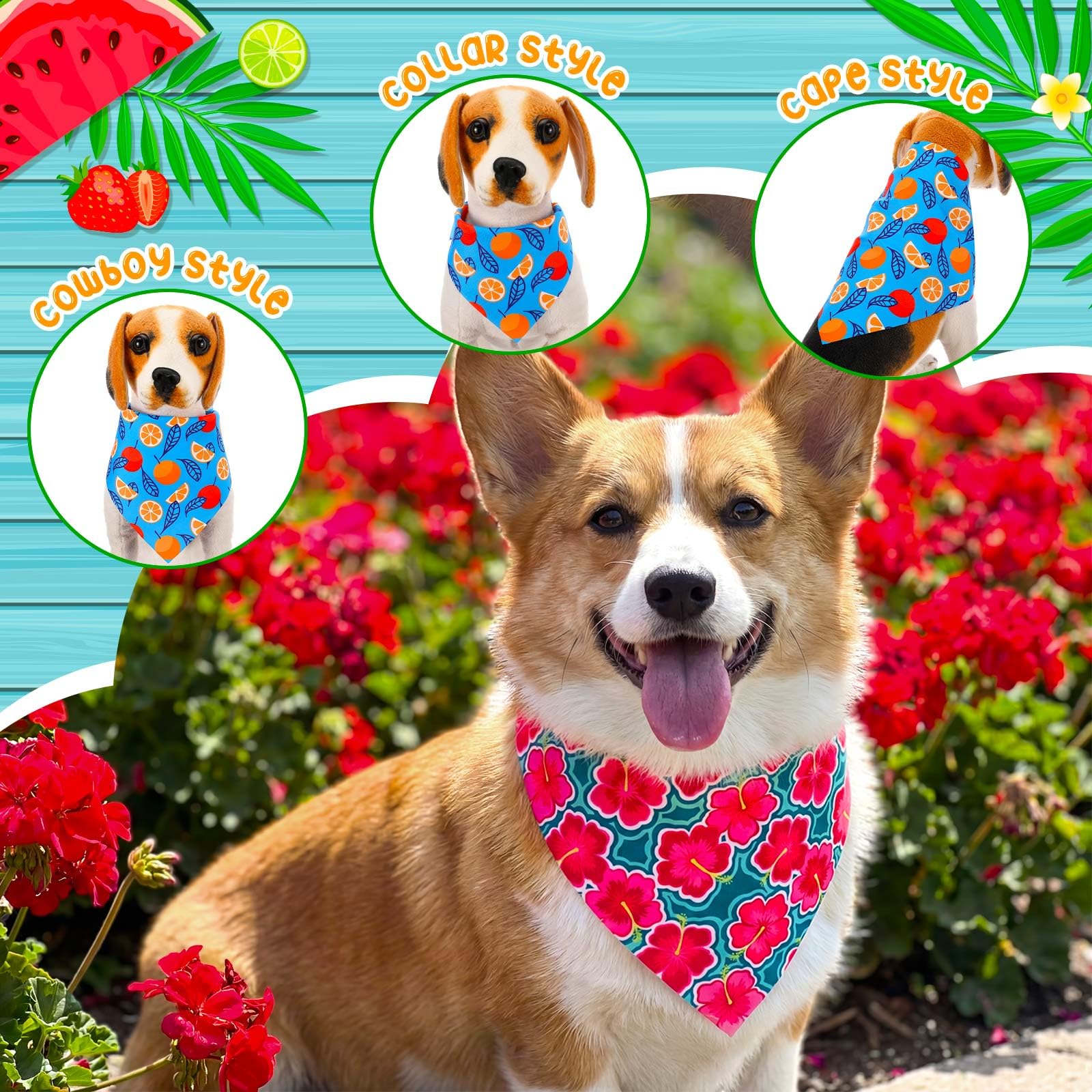 Sanwuta 120 bandane estive per cani, hawaiane e da frutta, triangolari, lavabili, bavaglini regolabili per animali domestici di piccola e media taglia, 30 stili