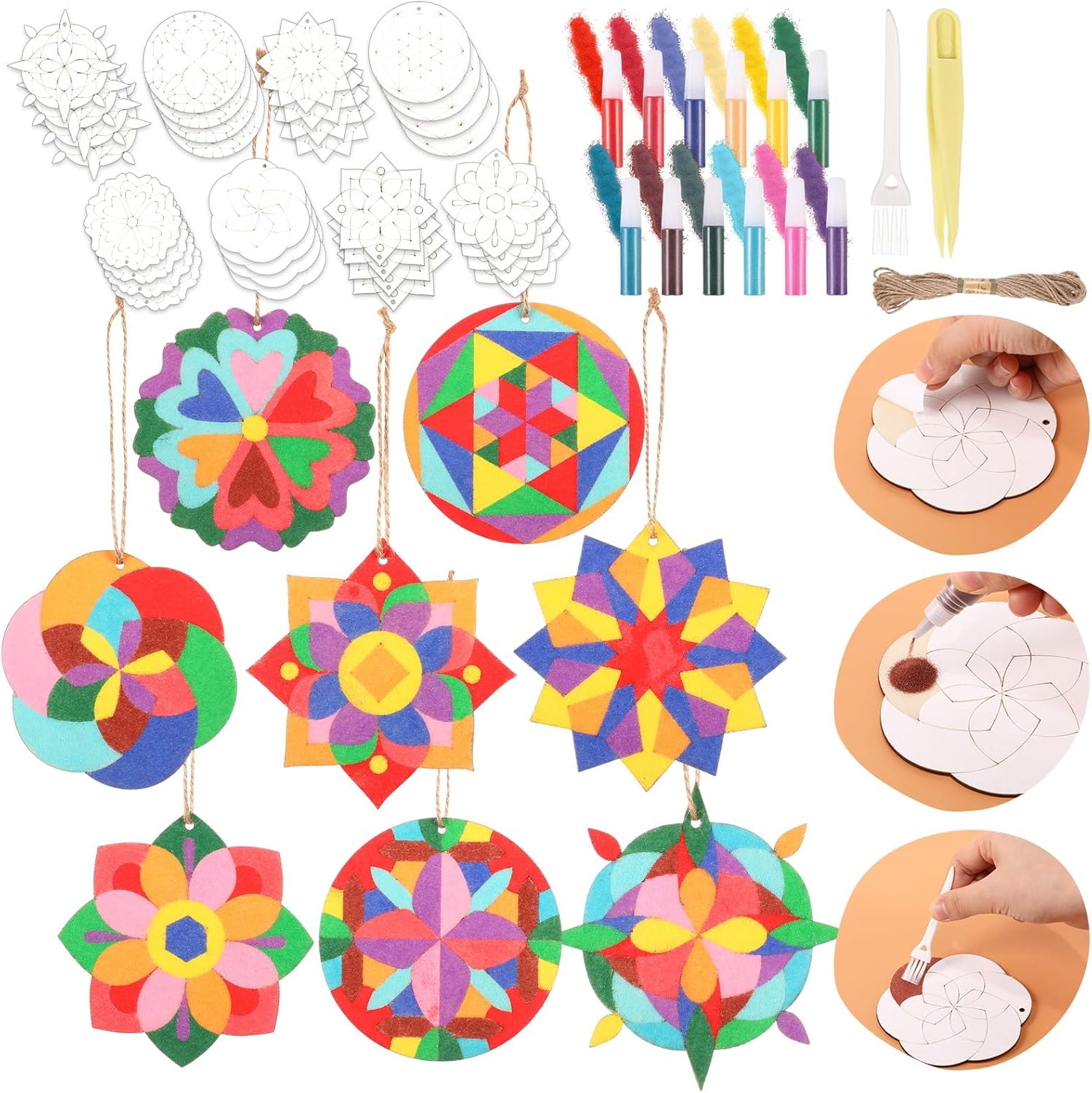 24 Pcs 4 Inch Sand Painting Mandala Coloring Craft Kits Animal Wooden Sand Art with 12 Colored DIY Valentine Self Adhesive Painting for Party Favors Gifts Fun Home Activities(Mandala) 24 Mandala
