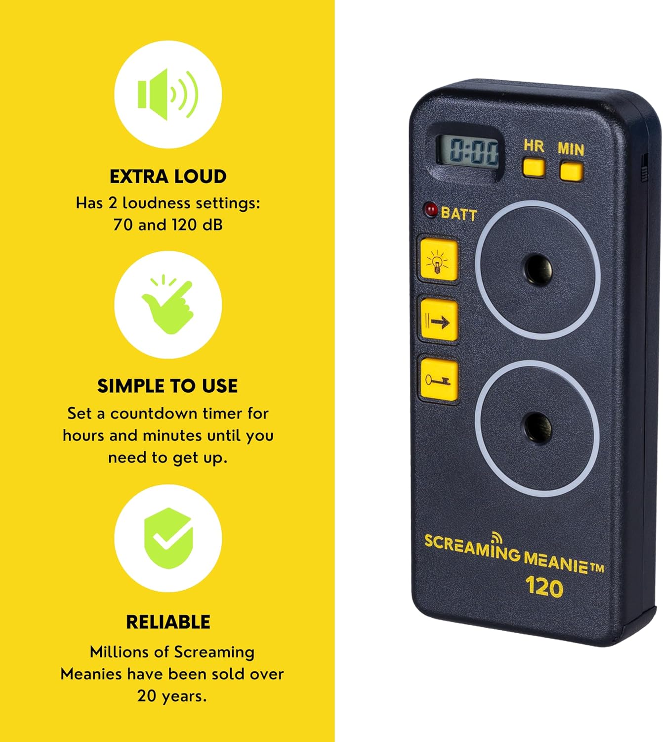 Screaming Meanie TZ-120 Alarm Timer for Heavy Sleepers, Black | Extremely Loud Multi-Purpose Timer with adjustable alarm volume levels (70 & 120 dB) includes 9V battery for Truckers & More