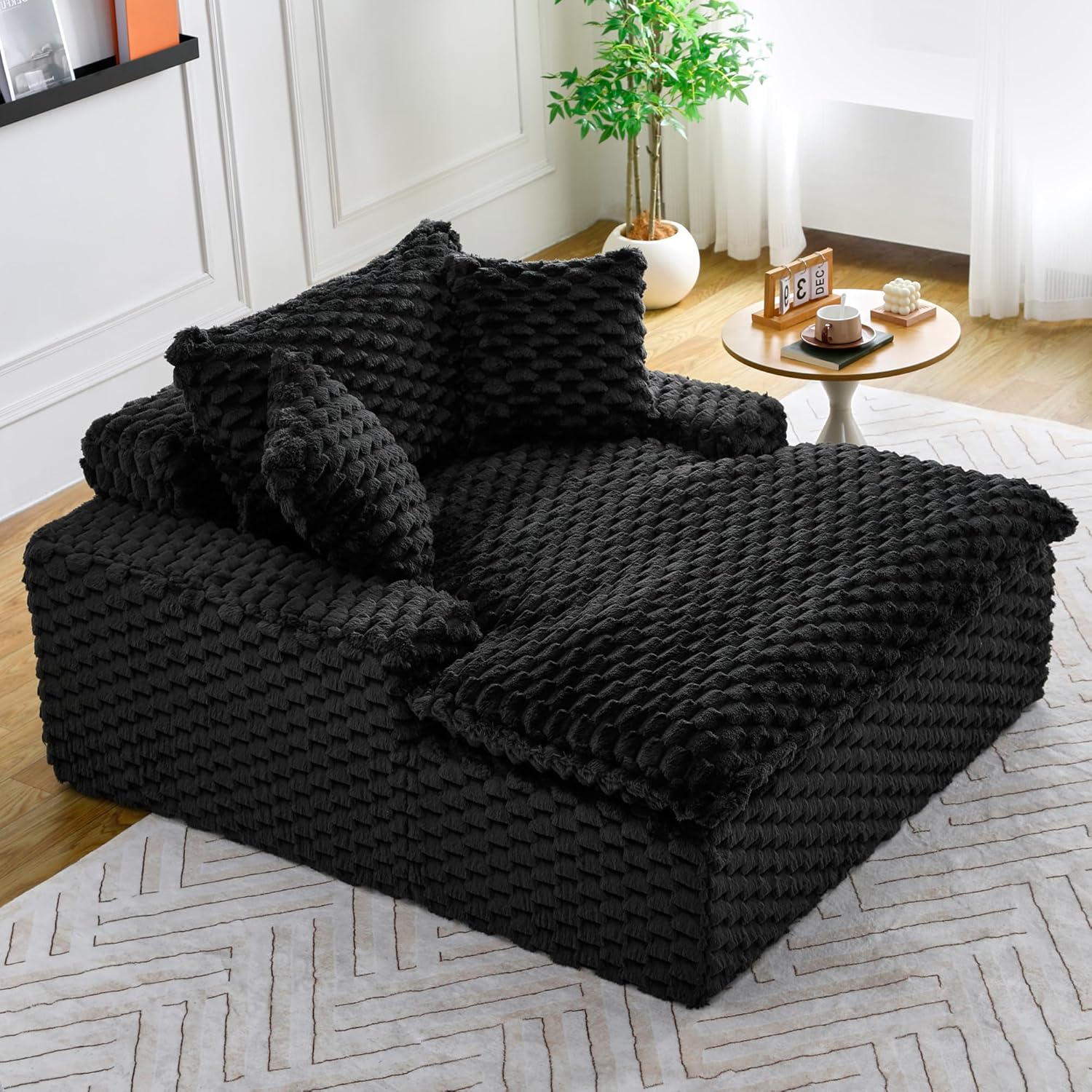 51" Chaise Lounge Chair Indoor,Modern Sofa Bed Cloud Couch with 3 Pillows & Oversized Wide Armrests,Comfy Fluffy Plush Sleeper Chair Bed for Living Room,No Assembly Required (Black)