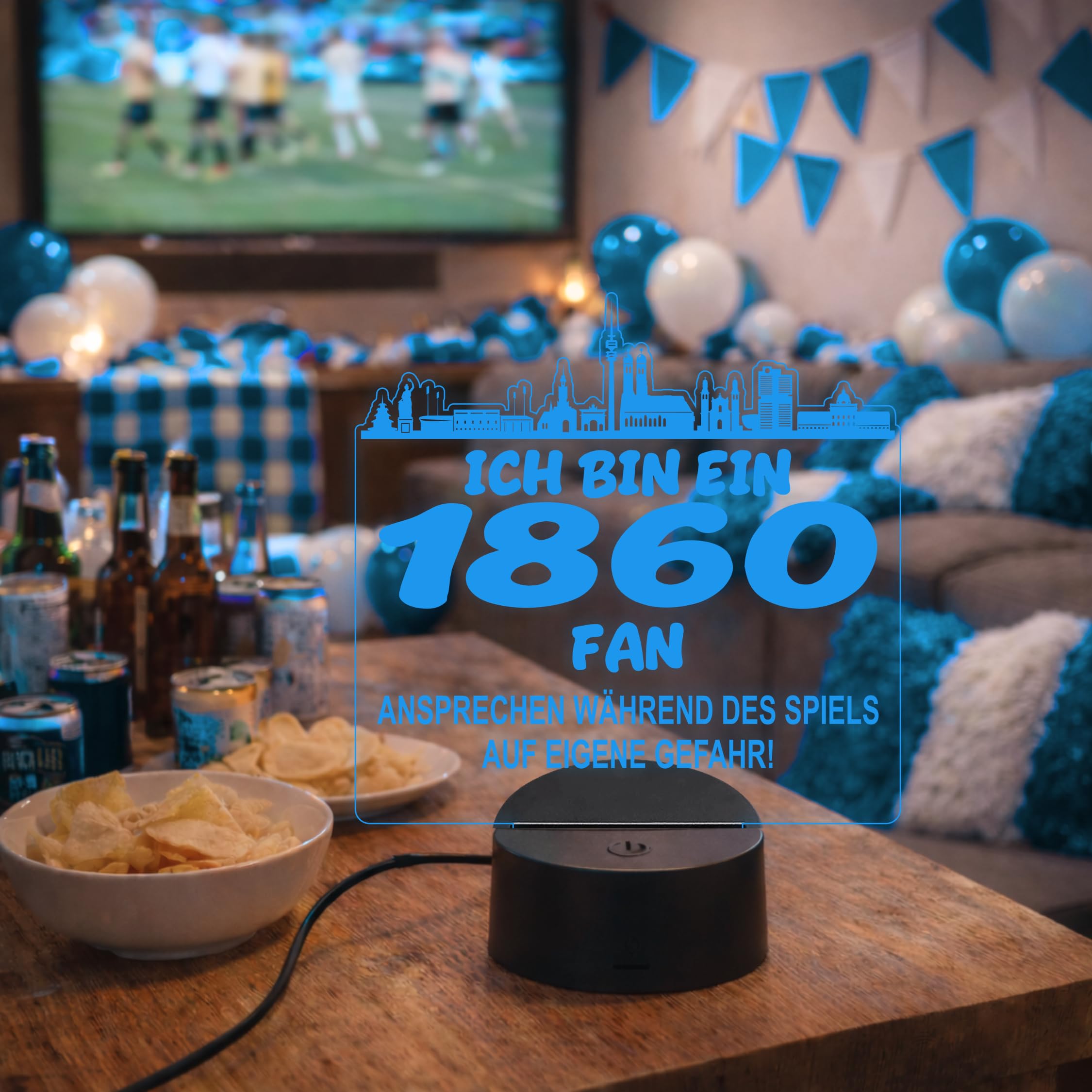 Lieblingsmensch 1860 Fan Fußball LED Nachtlicht – 3D Skyline Design „Ansprechen auf eigene Gefahr“ – RGB Farbwechsel mit Fernbedienung & Touch – Stimmungslicht für die Man Cave – 19x23cm