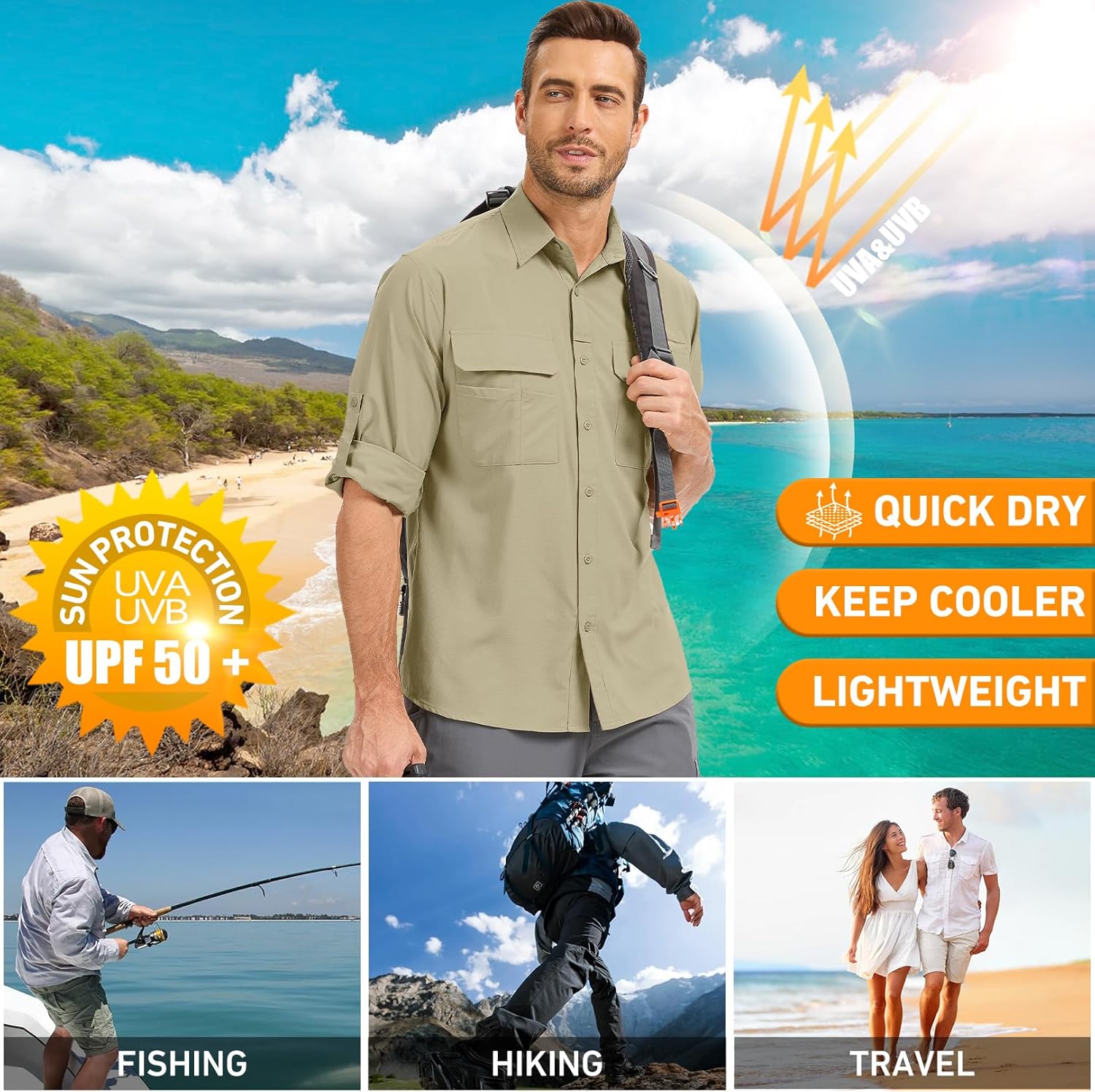 mixtiq Men’s Long Sleeve Fishing Shirts Sun Protection UPF 50 UV Quick Dry Cooling Button Up Shirts for Safari Hiking Camping - Image 6