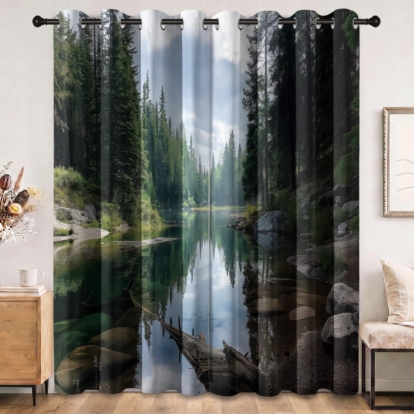 Skandinavisch Natur Verdunkelungsvorhänge für Schlafzimmer, 2er Set H 200 x B 70 cm Wärmeisoliert Vorhänge, Dschungel Kiefer See Felsen Gardinen Blickdicht Fenstervorhänge für Wohnzimmer