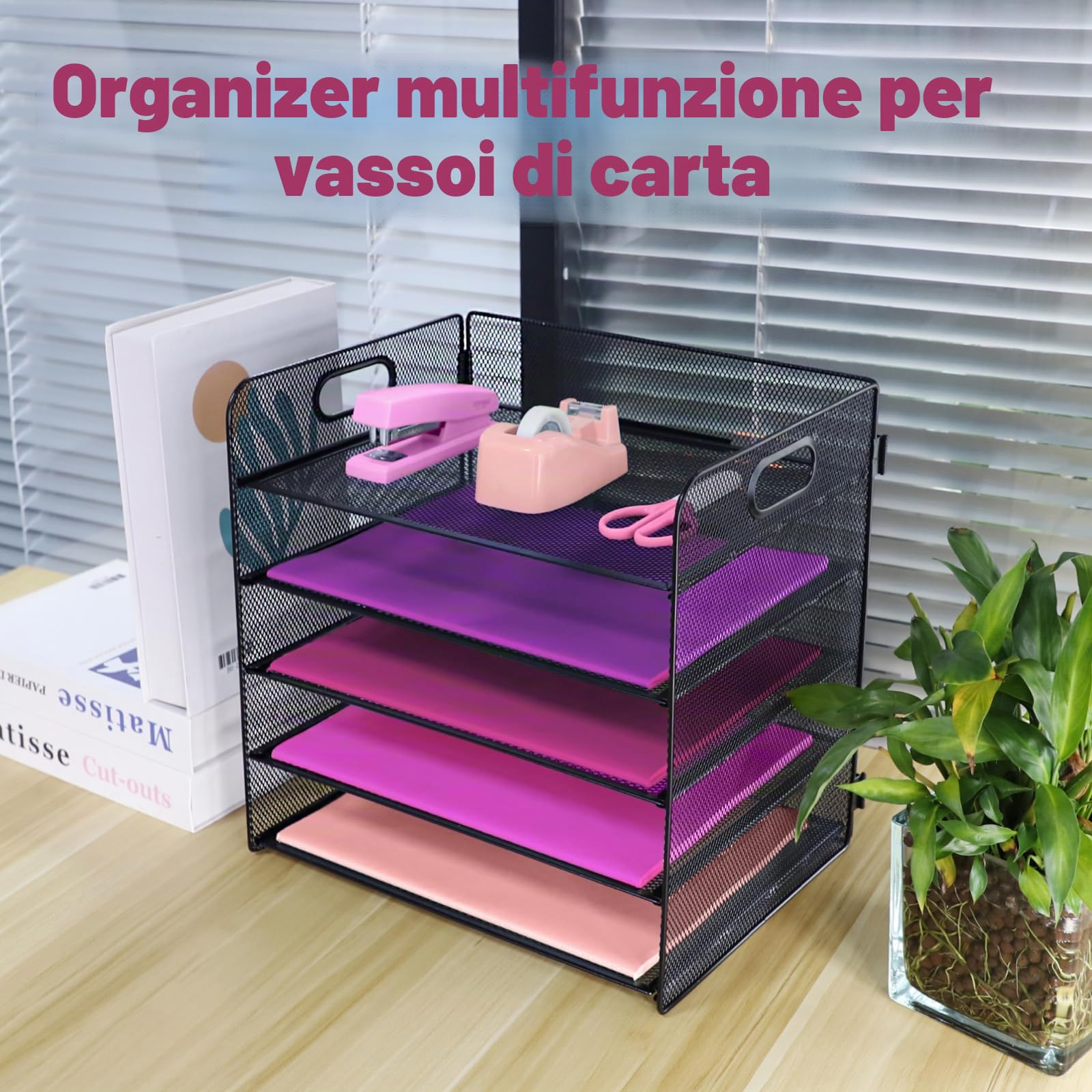 5 Livelli Vassoio Organizzatore per Scrivania e Documenti, Organizer Da Scrivania In Rete Metallica con Vassoi Scorrevoli Per Casa, Ufficio, Scuola Nero