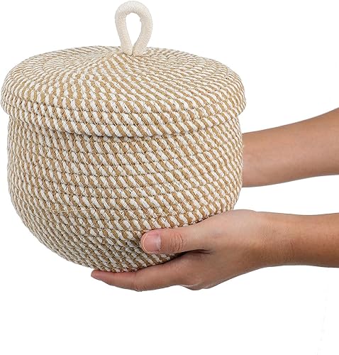 Miniatura 4 de Angoily Cesta de almacenamiento redonda con tapa, cesta decorativa de cuerda de algodón de 8.25 pulgadas, cesta tejida con tapa para sala de estar,