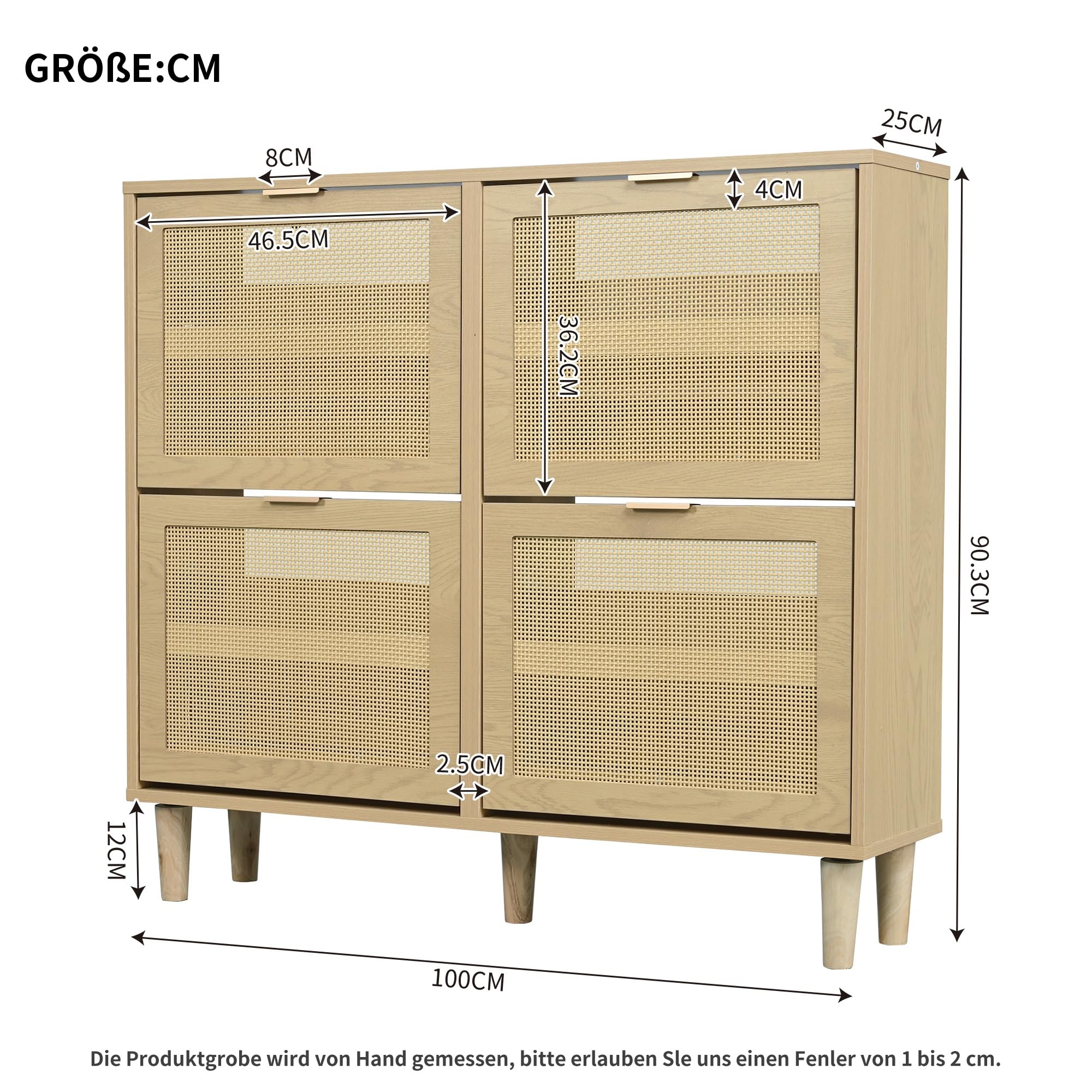 Szafka na buty z 4 składanymi szufladami, rattan z metalowymi uchwytami, styl dworkowy, dąb 100 x 25 x 90 cm