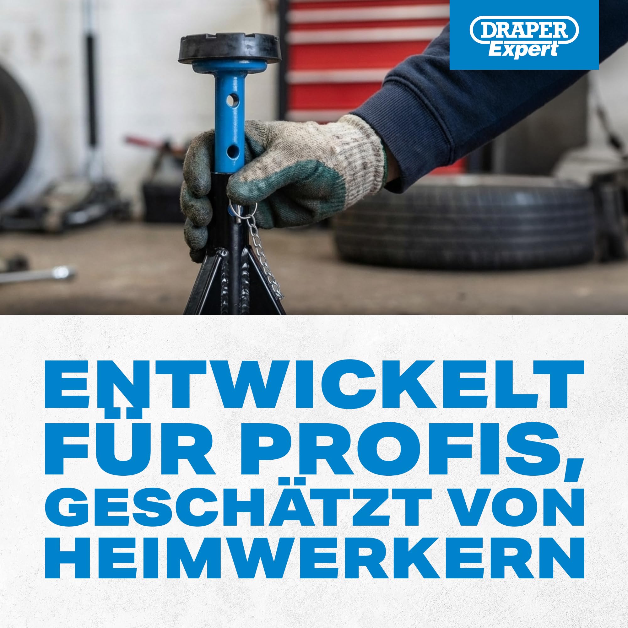 Draper Tools Expert Achsenständer (Paar), Blau | 3 Tonnen Tragkraft, einstellbare Sattelhöhe, Gummiauflage zum Schutz, gehärteter Stahl-Verriegelungsstift