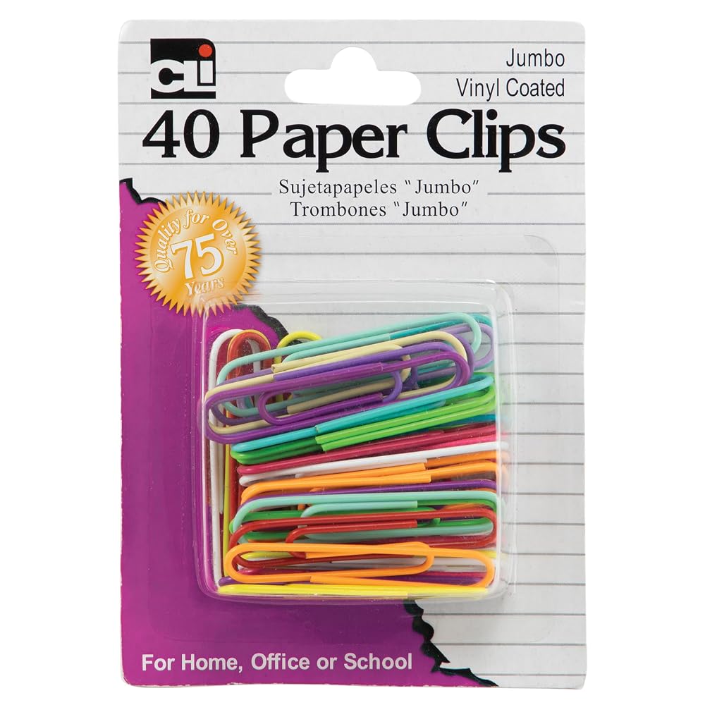 Charles Leonard Paper Clips, Jumbo Gem, Vinyl Coated, Assorted Colors, 40-Pack (80050)