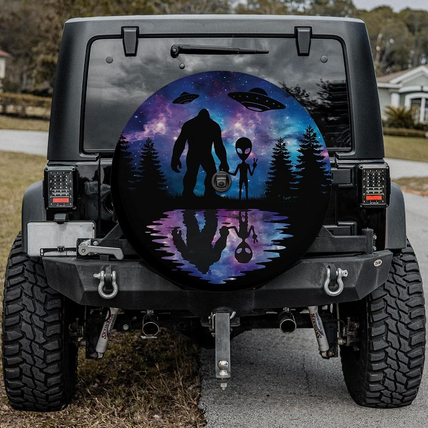 Bigfoot Alien Spare Tire Cover Cosmic Night Adventure Decor