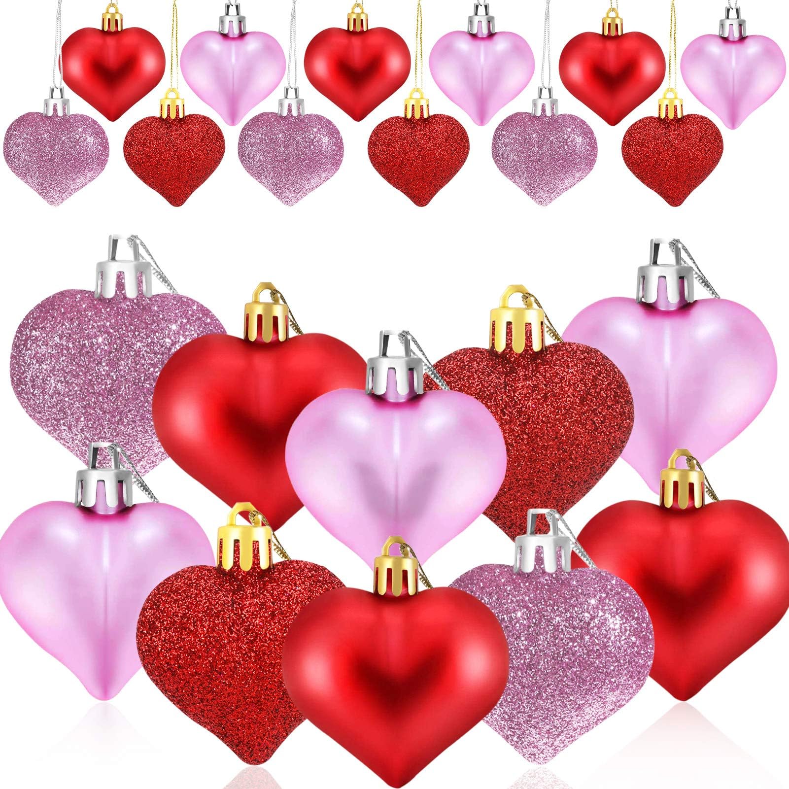 Pack of 9 Red Love Heart Baubles Valentines Day Hanging Decoration