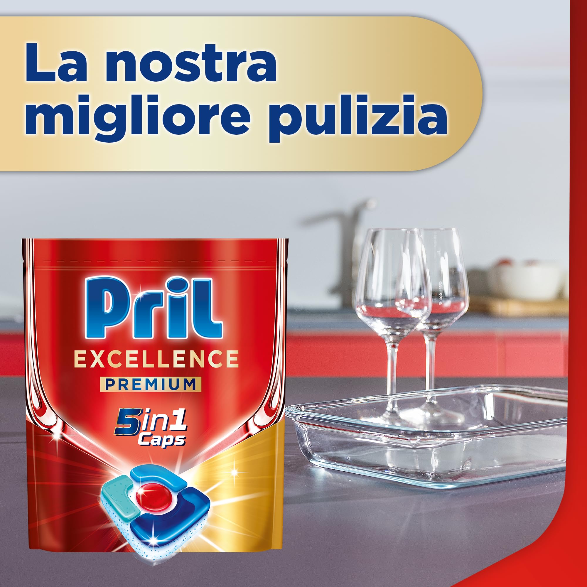 Pril Excellence Premium 5in1 Spülmaschinentabs (16 Kaps), Geschirrspülmittel gegen hartnäckigen und trockenen Schmutz, ab 72 Stunden, Spülmaschinentabs, wirksam auch bei kurzen Zyklen und Eco