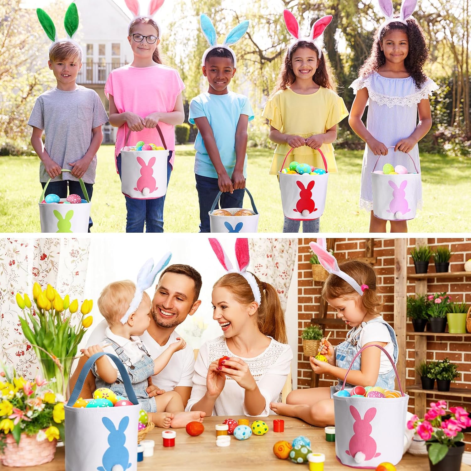 Domensi 12 Pcs Easter Basket Set for Kids Canvas Easter Baskets with Handles and Plush Bunny Ear Headbands, Reusable Small Bags Bulk for Egg Hunt Supplies(Rabbit Ears)