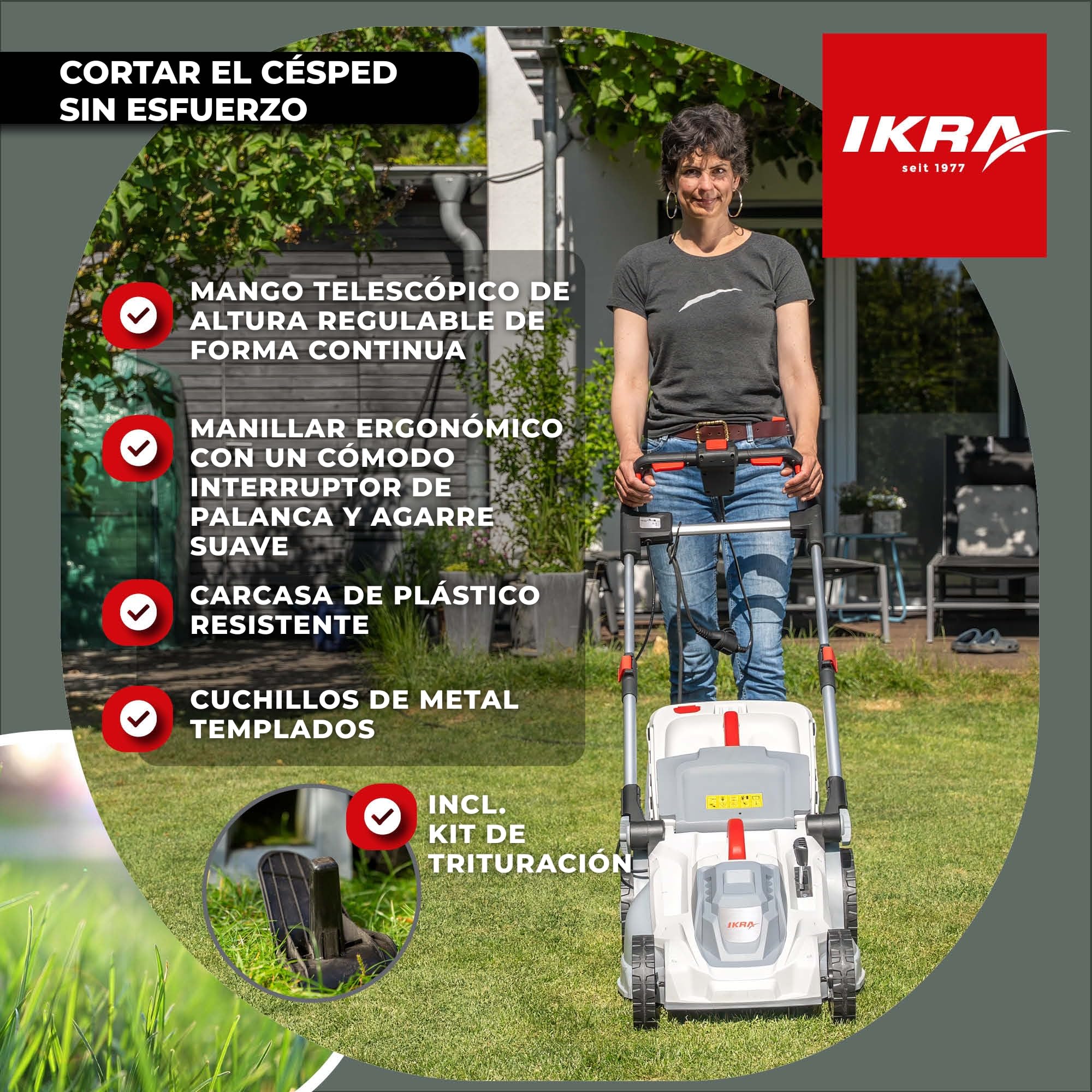 IKRA cortacésped eléctrico IERM 2043 T, 2000W, Altura de Corte 30-75mm, Anchura de Corte 43cm, Incl. Cuchilla de Repuesto & Kit de Mulching