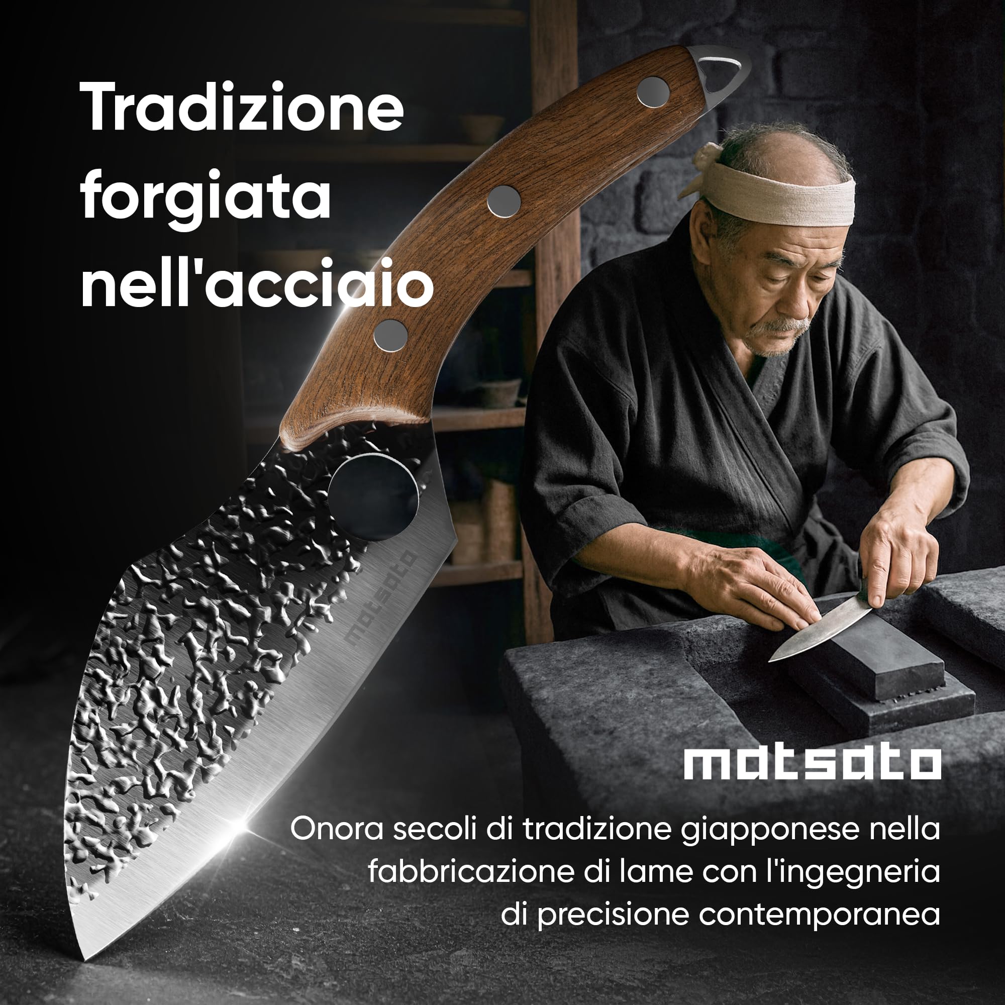 Matsato Coltello da Cucina Professionale in Acciaio Giapponese - Coltello Chef con Lama da 16 cm, Manico in Legno di Faggio - Ideale per Cuoco e Accessori Barbecue