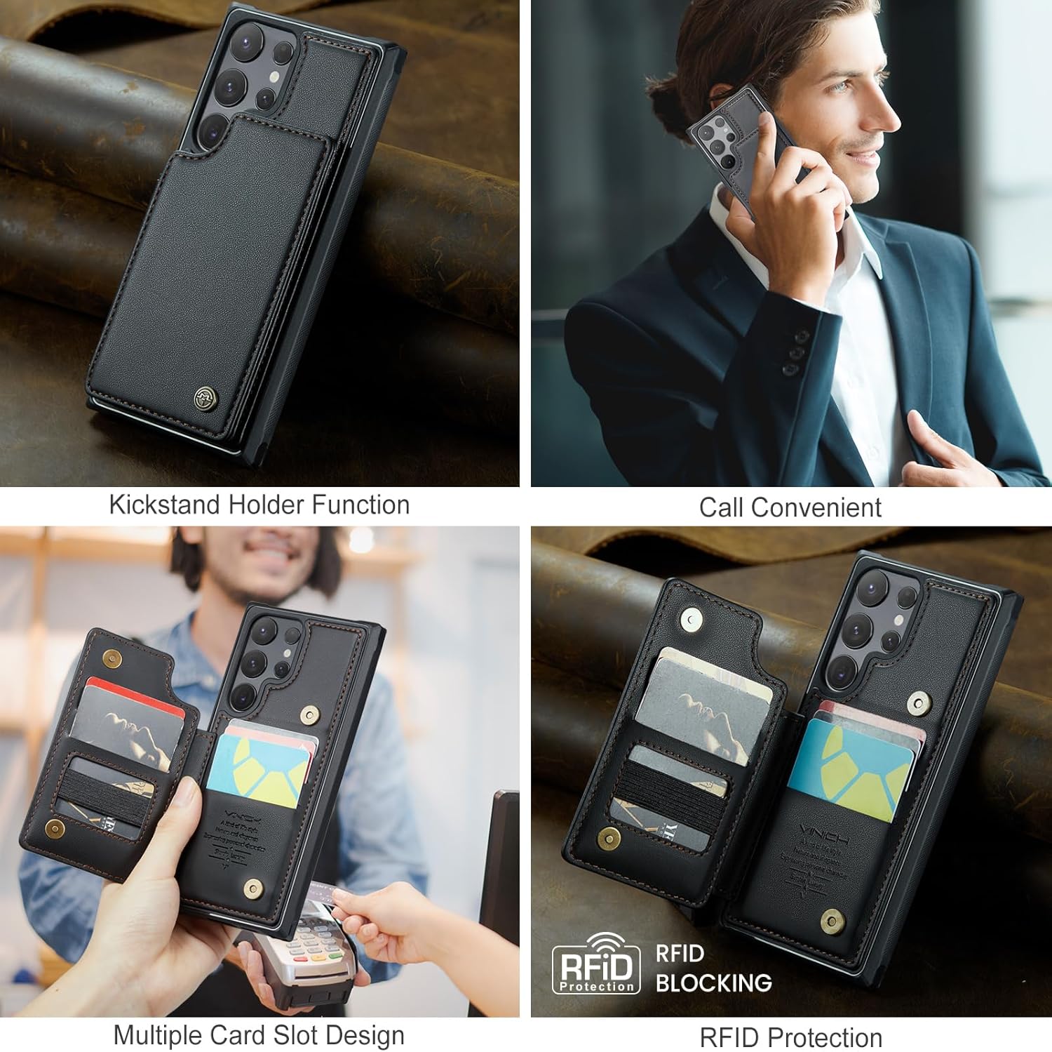 Vinich for Samsung Galaxy S25 Ultra Wallet Case with Card Holder, RFID Blocking Credit Slots Kickstand Shockproof Phone Cover Fit for Galaxy S25 Ultra 6.9" Black - Image 3