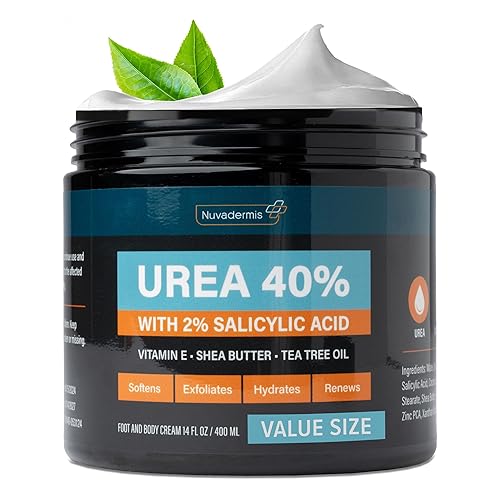NUVADERMIS Crema de urea 40% para pies, loción reparadora de pies de máxima fuerza con 2% de ácido salicílico, manteca de karité, aceite de árbol de