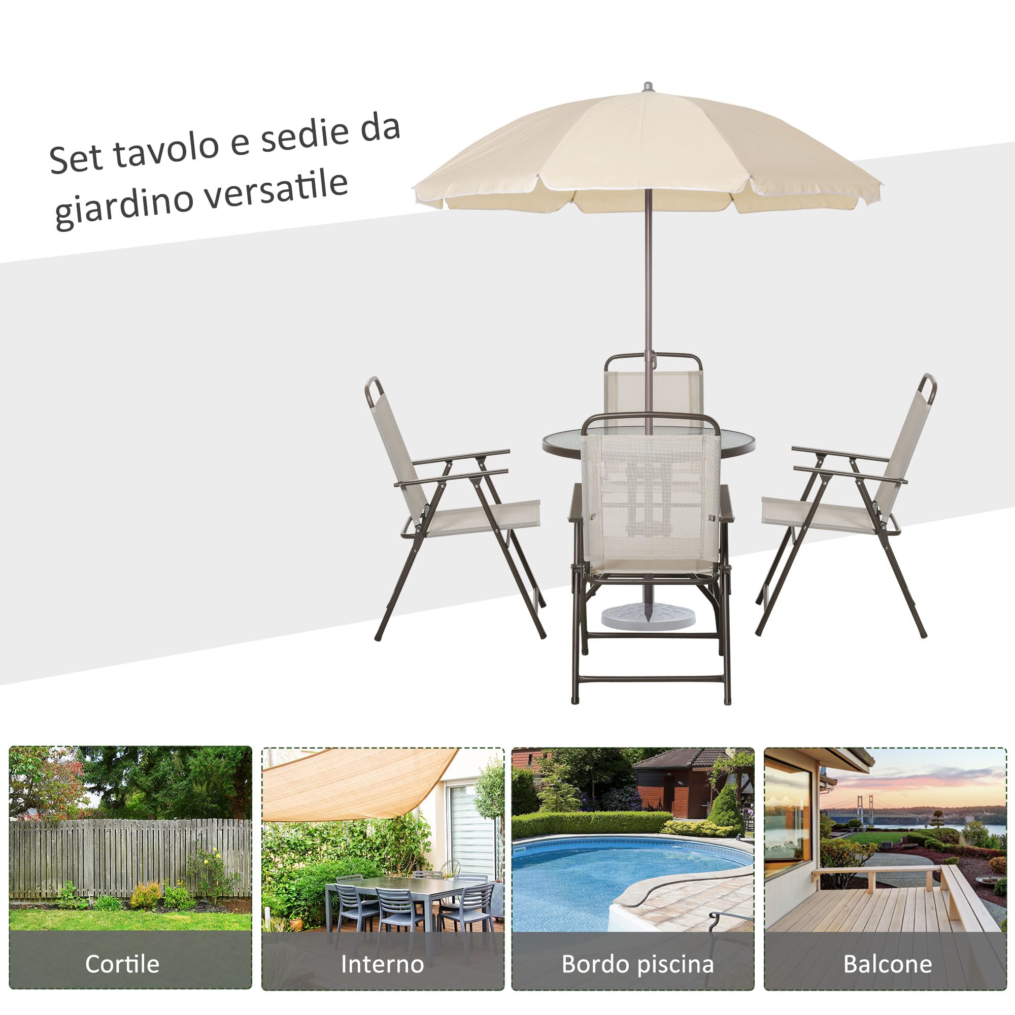 Outsunny 6 pz Set Mobili da Giardino in Tubi d'Acciaio, Tavolo da Giardino con Sedie e Ombrellone, Crema