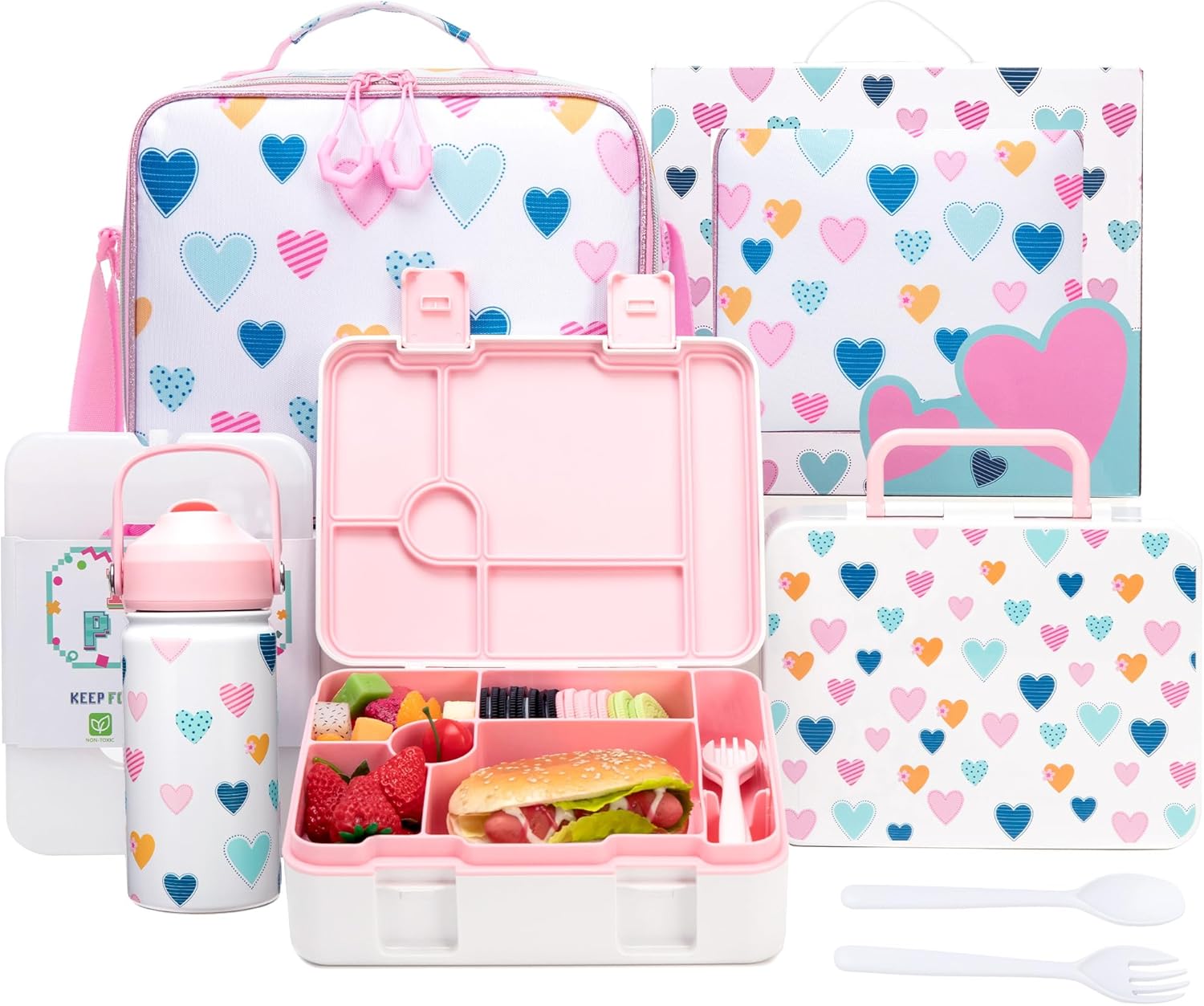 Kids Bento Lunch Box with 6 Compartments Girls Lunch Box with Lunch Bag,Stainless Steel Water Bottle,Ice Pack & Utensils Set,Birthday Gifts for Ages 3-12 Back to School Toddler Girls