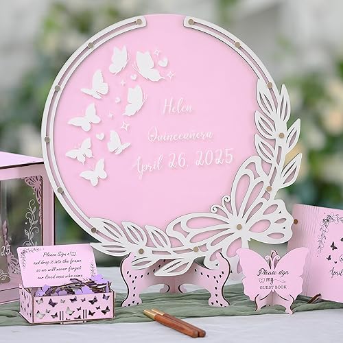 Vista 26 de Personalized Butterfly Guest Book For Quinceañera, Sweet 15, Personalized Wooden Hearts For Wedding Guest Book With Butterfly Frame For Sign And
