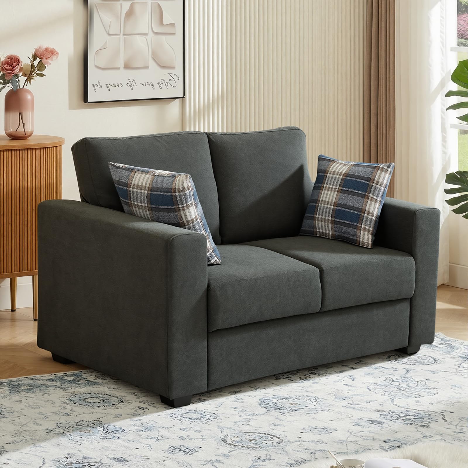 Panana Modern 2 Seater Sofa, Fabric Loveseat with 2 Plaid Accent Pillows, Compact Living Room Settee Couch (Grey, 2 Seater)