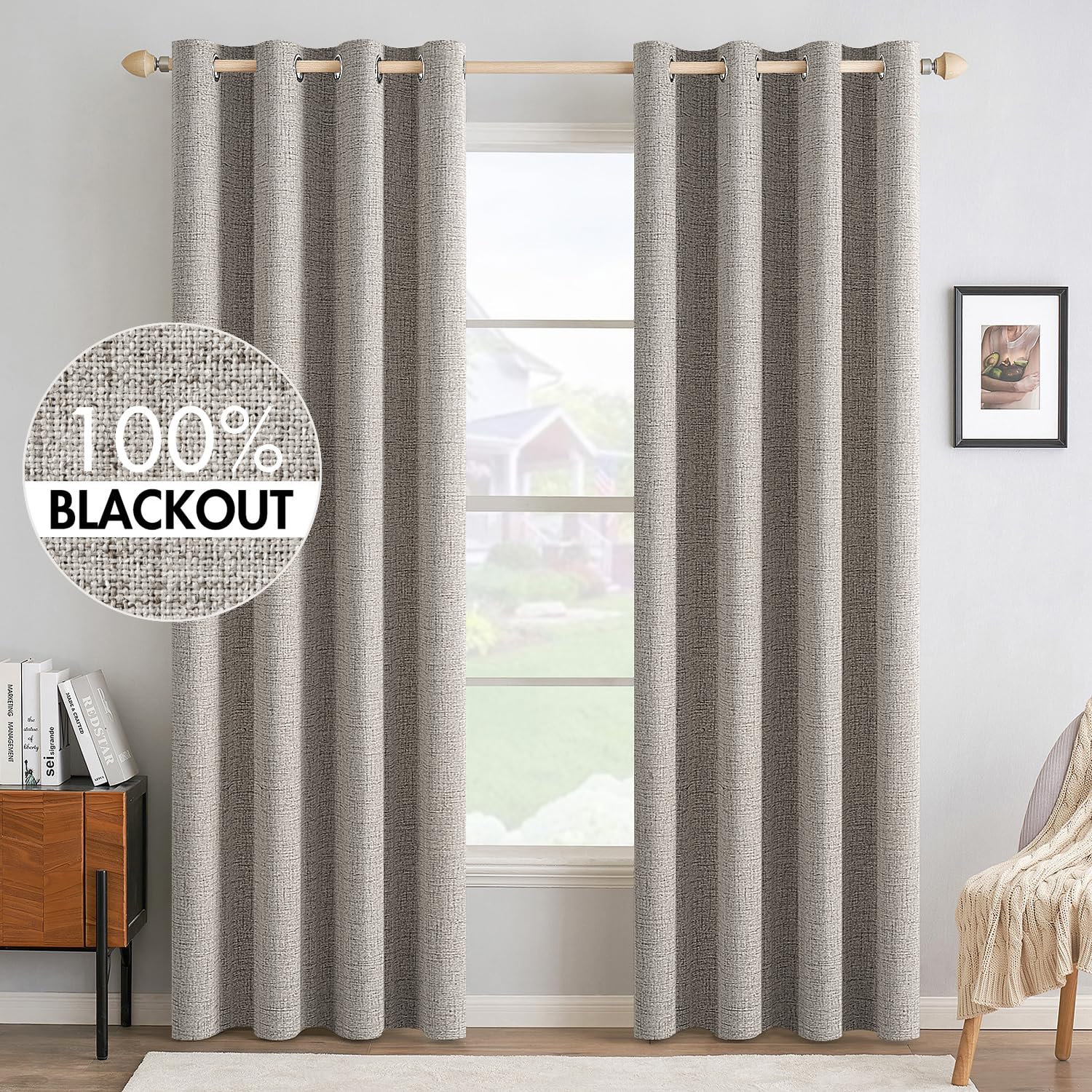 MIULEE 100% Blackout Linen Textured Curtains for Bedroom Solid Thermal Insulated Warm Taupe Grommet Room Darkening Curtains & Drapes Luxury Decor for