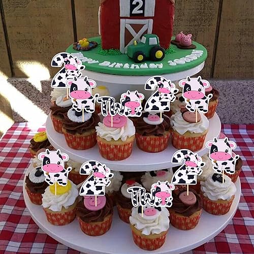 Miniatura 3 de Rsstarxi Paquete de 36 adornos para cupcakes con diseño de vaca, dos decoraciones para cupcakes de animales de granja con zoom de 2 cumpleaños para